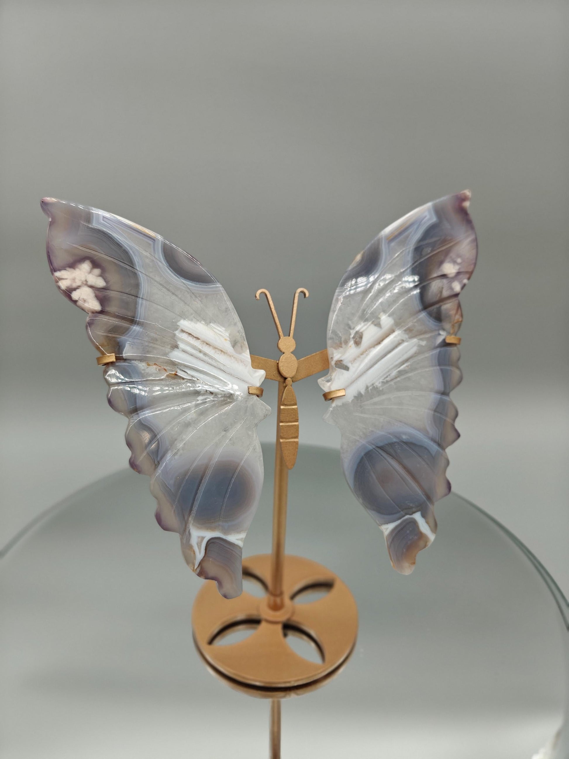 AAA+ Perfect Black Flower Agate Butterfly on Stand - Backlit Display - 8 x 6.5in - 12.45 oz - Unique Crystal Decor Crystal Hoarder