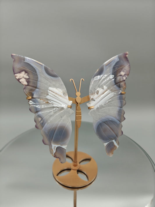 AAA+ Perfect Black Flower Agate Butterfly on Stand - Backlit Display - 8 x 6.5in - 12.45 oz - Unique Crystal Decor Crystal Hoarder