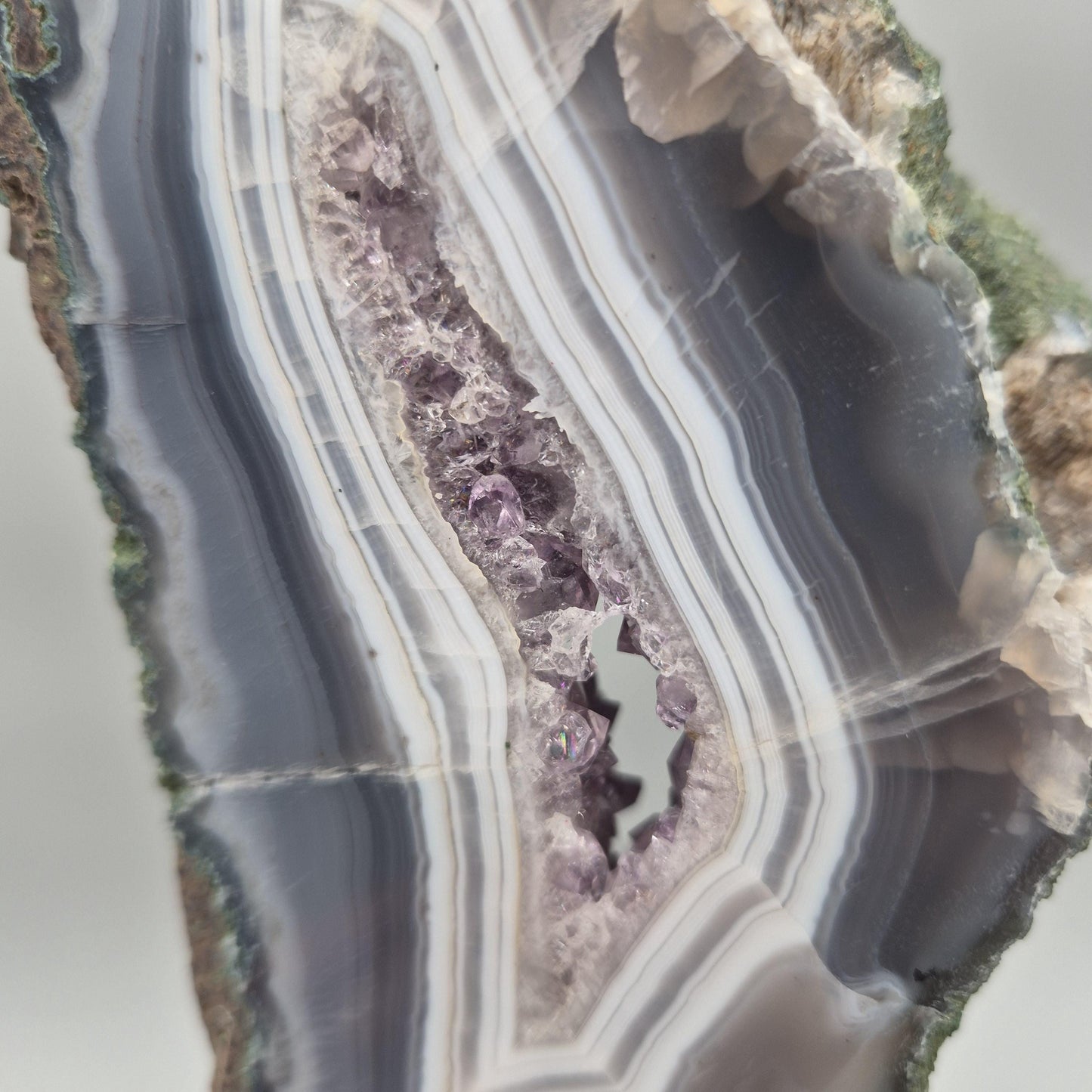AAA+ Amethyst with Blue Banded Agate on Stand - Brazilian Amethyst Specimen with Natural Window - 13in Tall Crystal Display - 4.85 lbs Crystal Hoarder