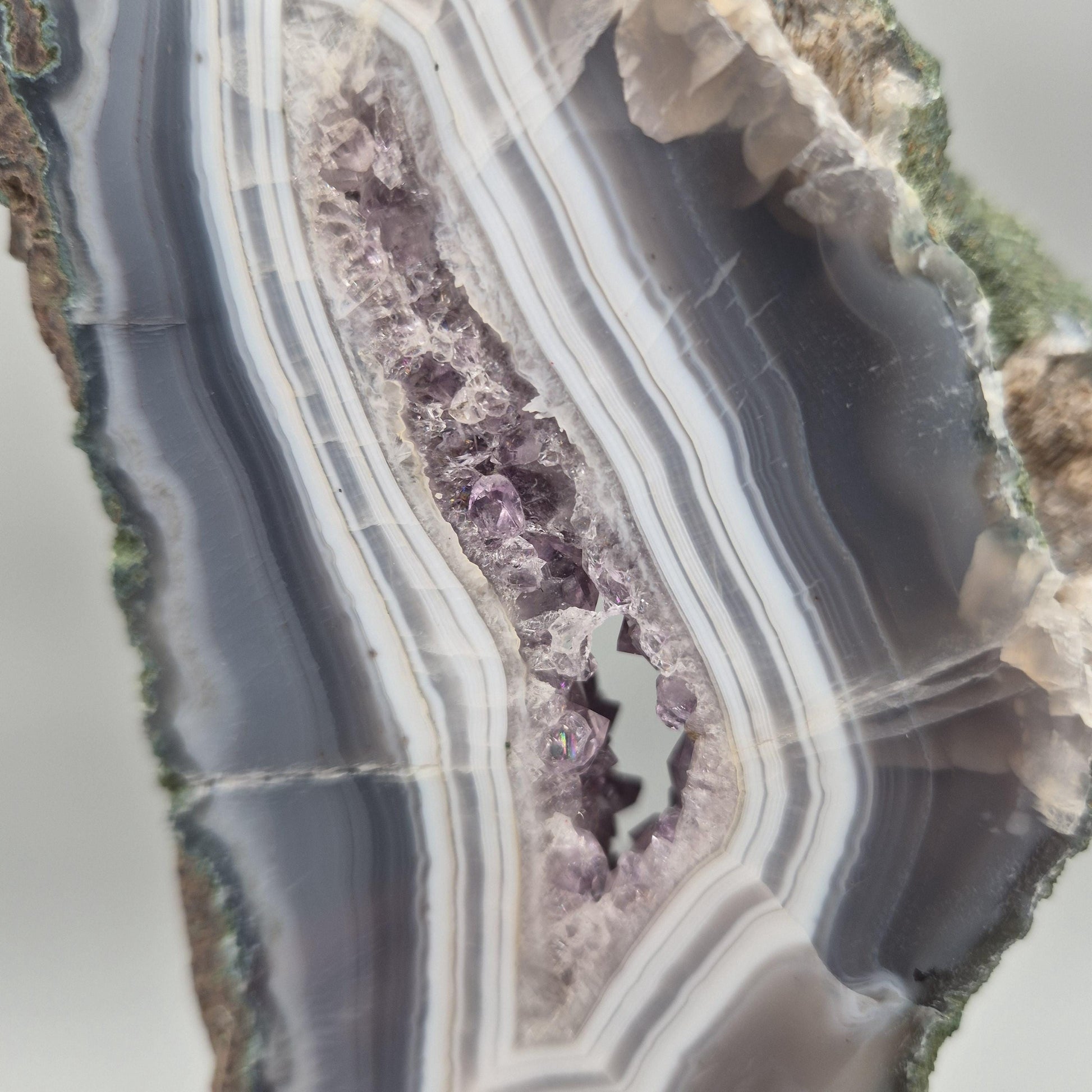 AAA+ Amethyst with Blue Banded Agate on Stand - Brazilian Amethyst Specimen with Natural Window - 13in Tall Crystal Display - 4.85 lbs Crystal Hoarder