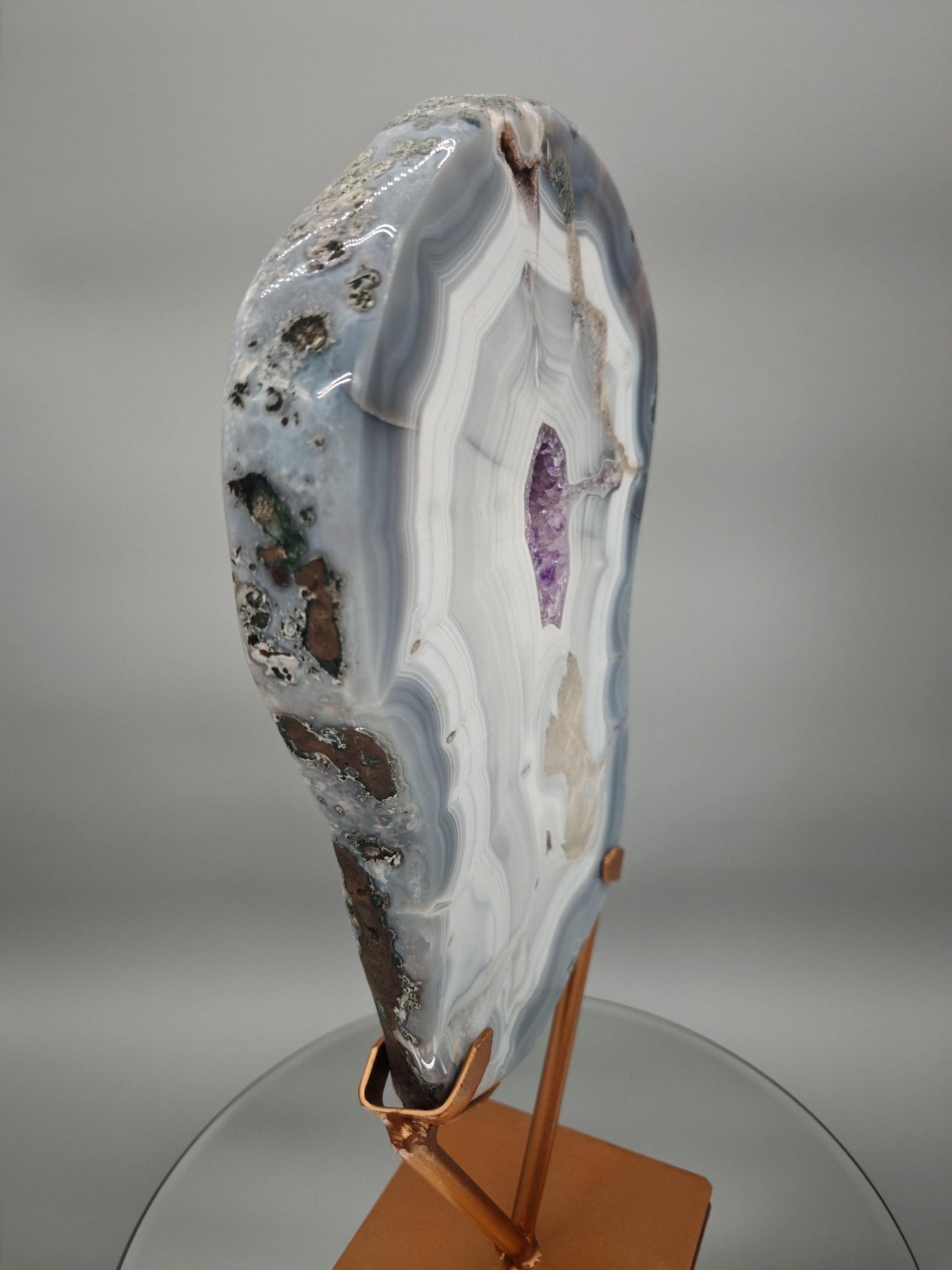 Fully Polished Druzy Amethyst with Blue Banded Agate & Calcite - Brazilian Crystal Display - 15.5in Statement Specimen - 7.33 lbs Crystal Hoarder