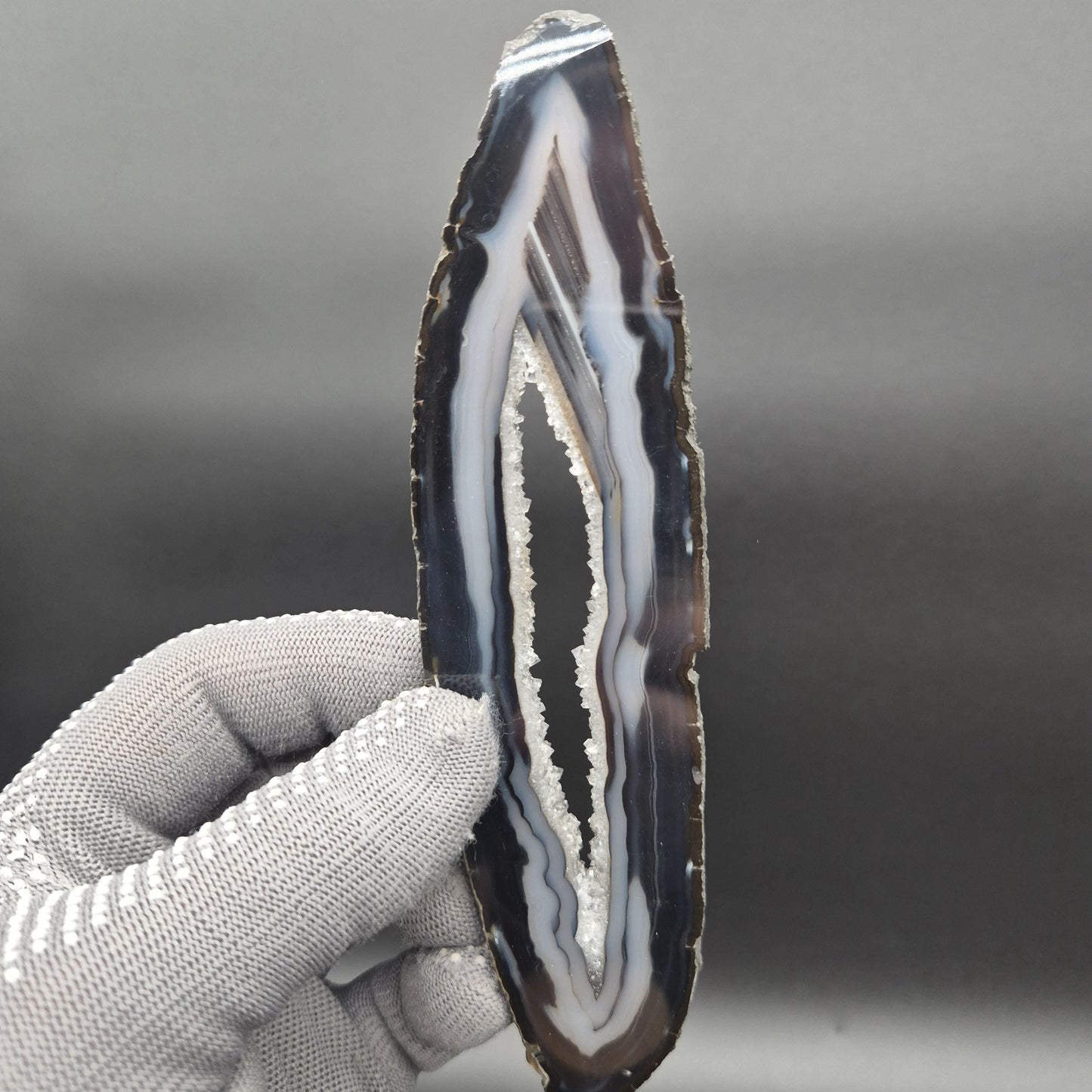AAA+ Black Banded Agate Slices with Water Clear Druzy - Brazil | Set of 4 | 7in x 2in | 0.64 lbs Rare Crystal Hoarder