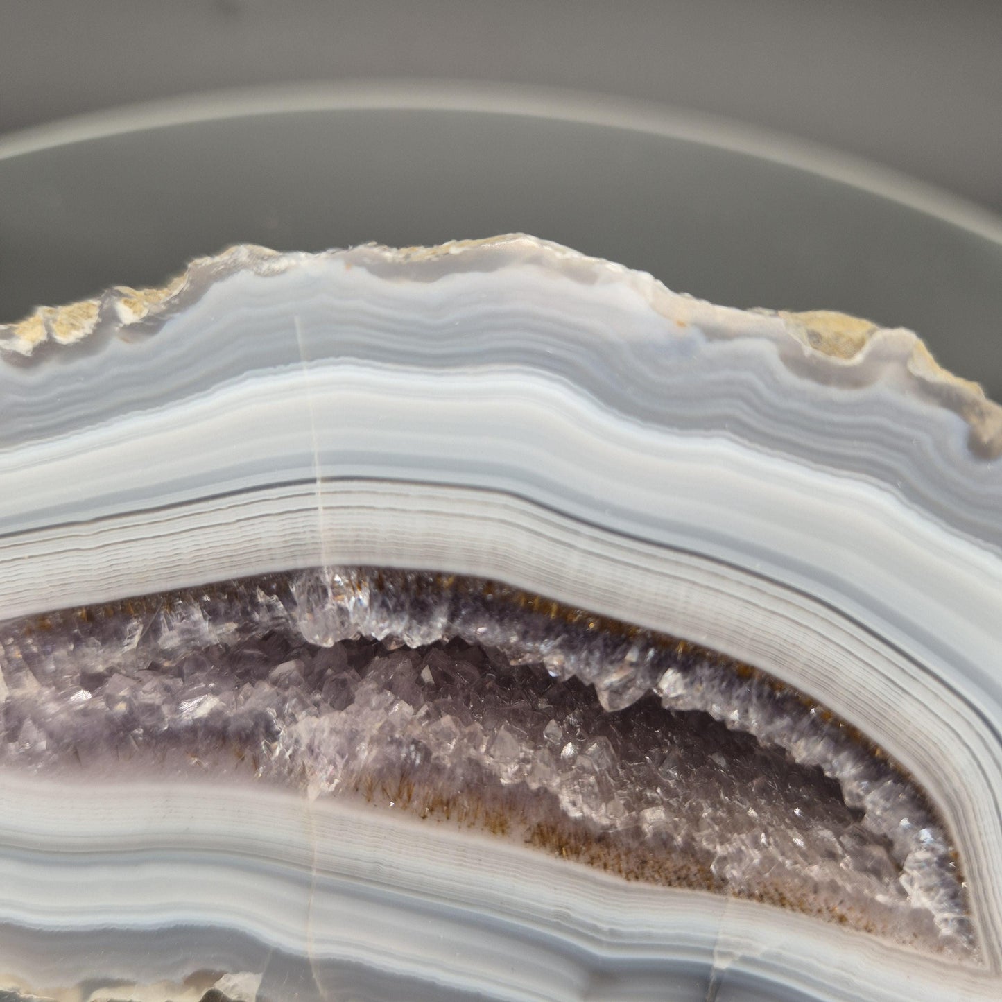 AAA+ Amethyst with Blue Banded Agate Cut Base | Brazilian Amethyst Crystal Cluster | 1.03 lbs Crystal Hoarder