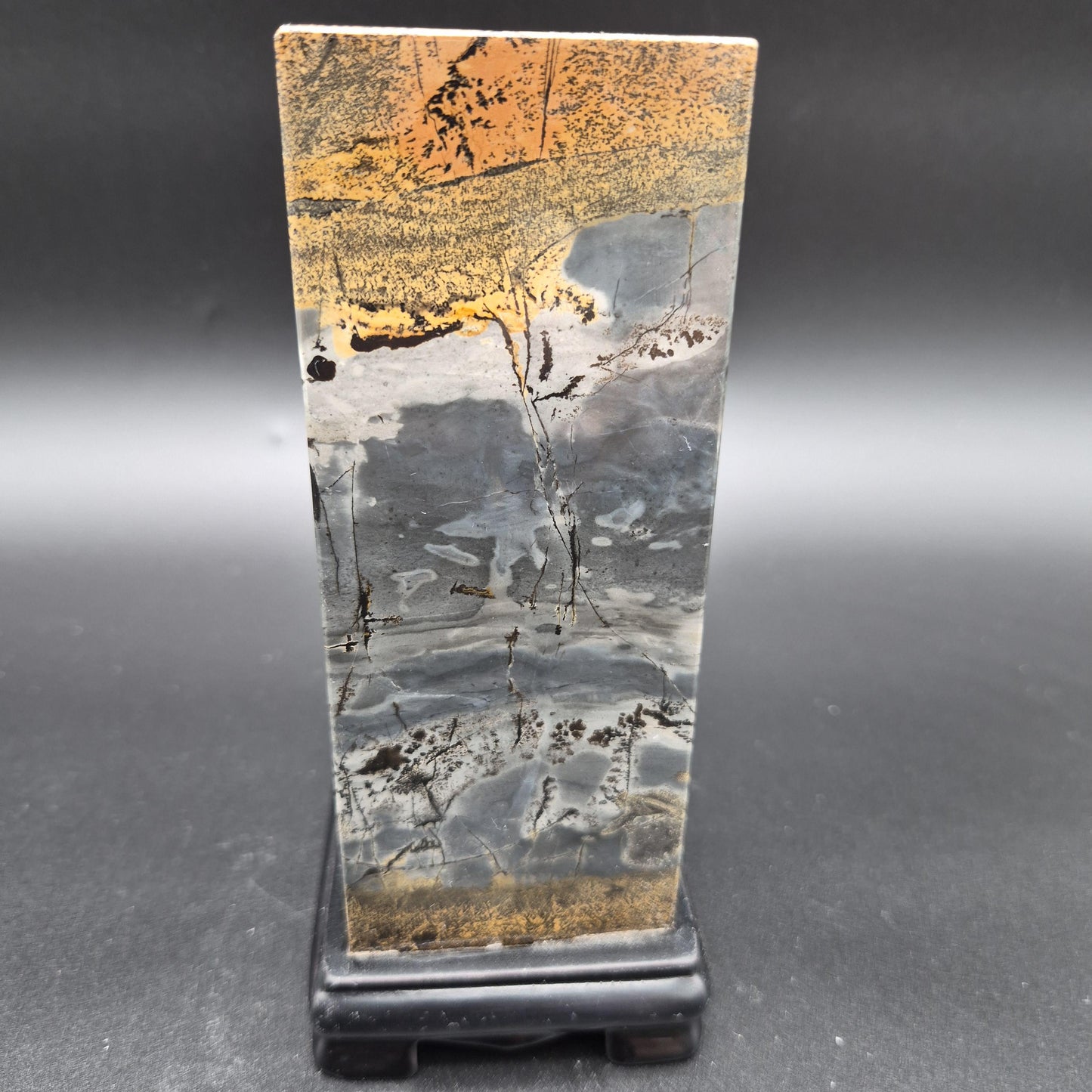 AAA+ Picture Jasper on Wood Base | Dark Gray & Earth Tones Natural Scenic Stone | 3.48 lbs Crystal Hoarder