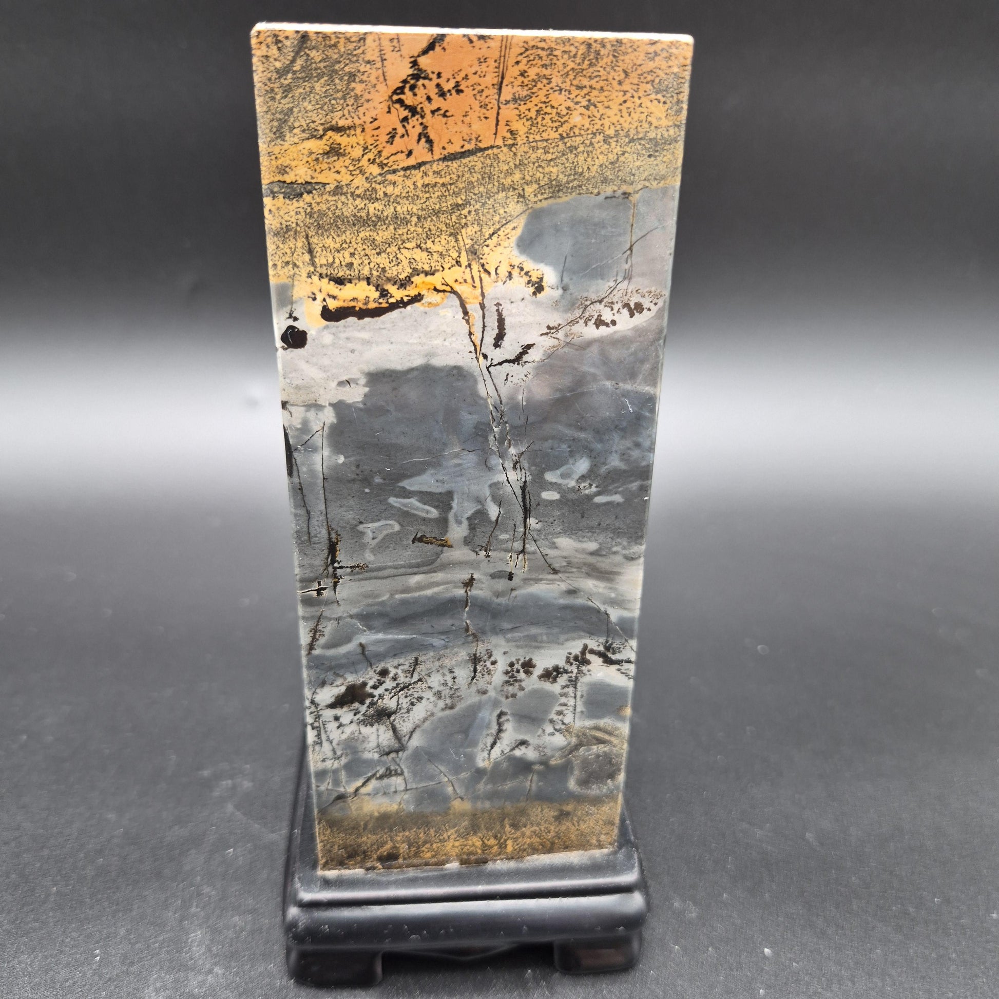 AAA+ Picture Jasper on Wood Base | Dark Gray & Earth Tones Natural Scenic Stone | 3.48 lbs Crystal Hoarder