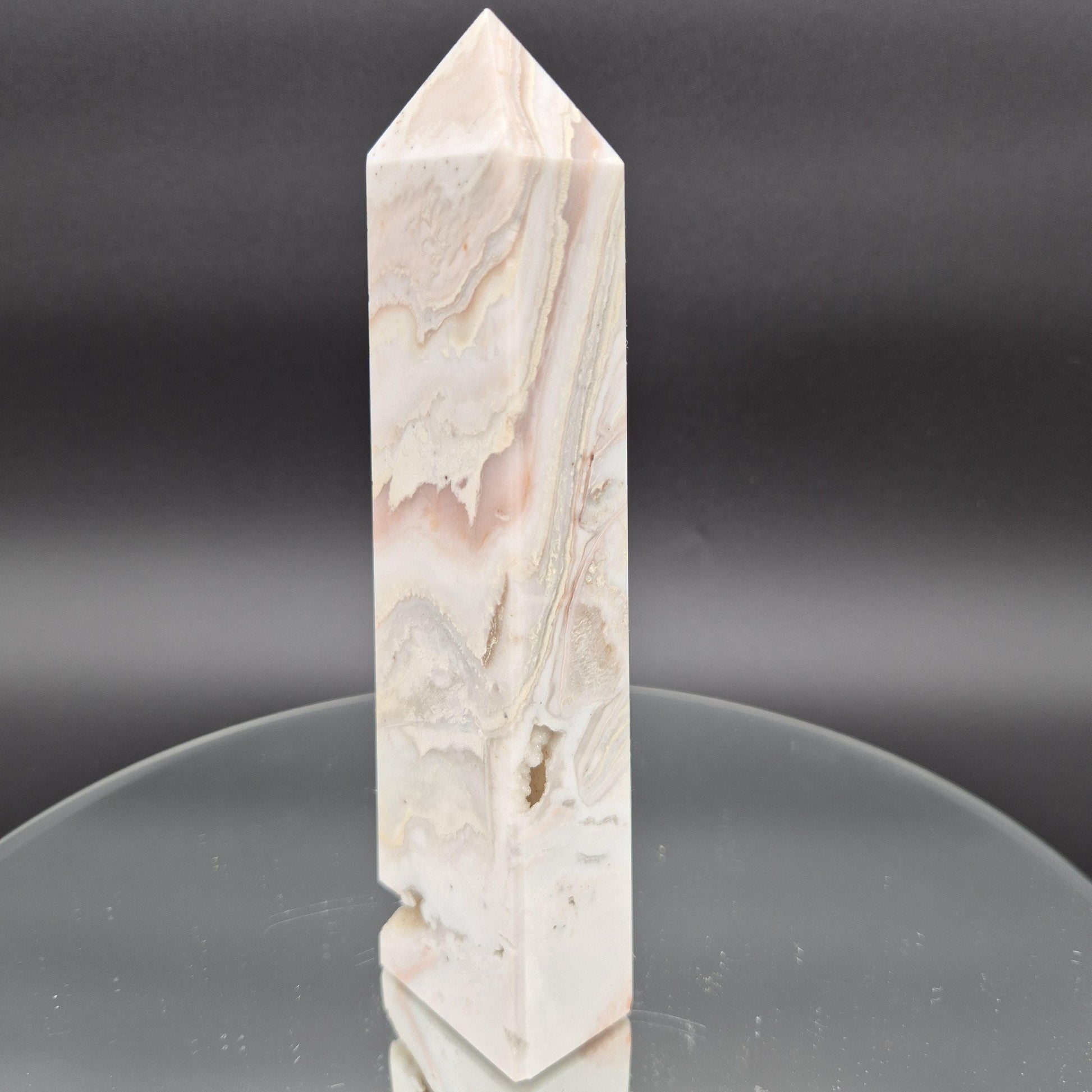 AAA+ Light Pink Crazy Lace Agate Tower with Druzy - 8 x 2in, 1.33 lbs - Natural Crystal Display, Collector Specimen Crystal Hoarder