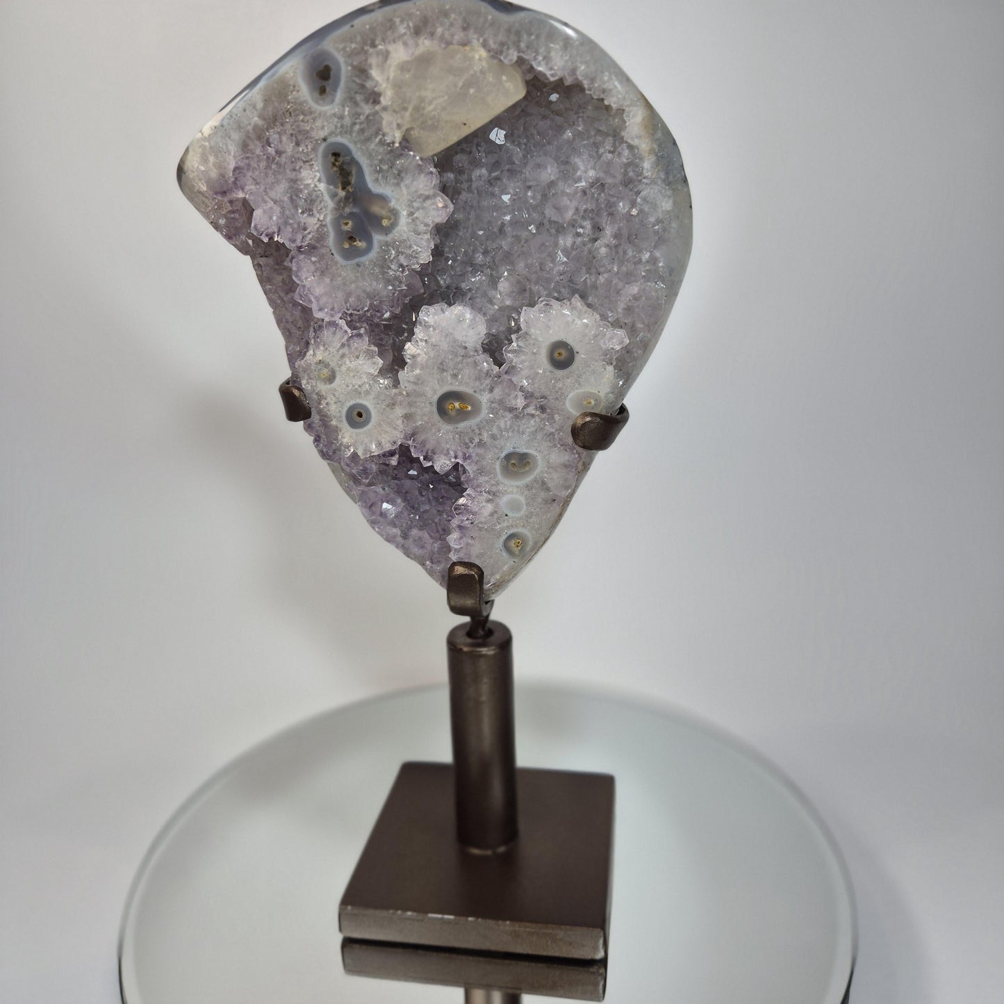 AAA+ Uruguay Amethyst with Stalactite Eyes, Large Calcite & Blue Banded Agate on Base - 13.5in Tall, 5.53 lb Statement Collector Specimen Crystal Hoarder