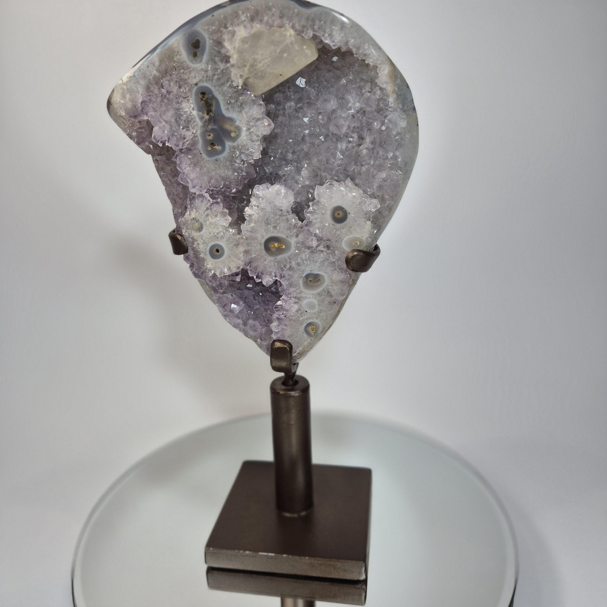 AAA+ Uruguay Amethyst with Stalactite Eyes, Large Calcite & Blue Banded Agate on Base - 13.5in Tall, 5.53 lb Statement Collector Specimen Crystal Hoarder