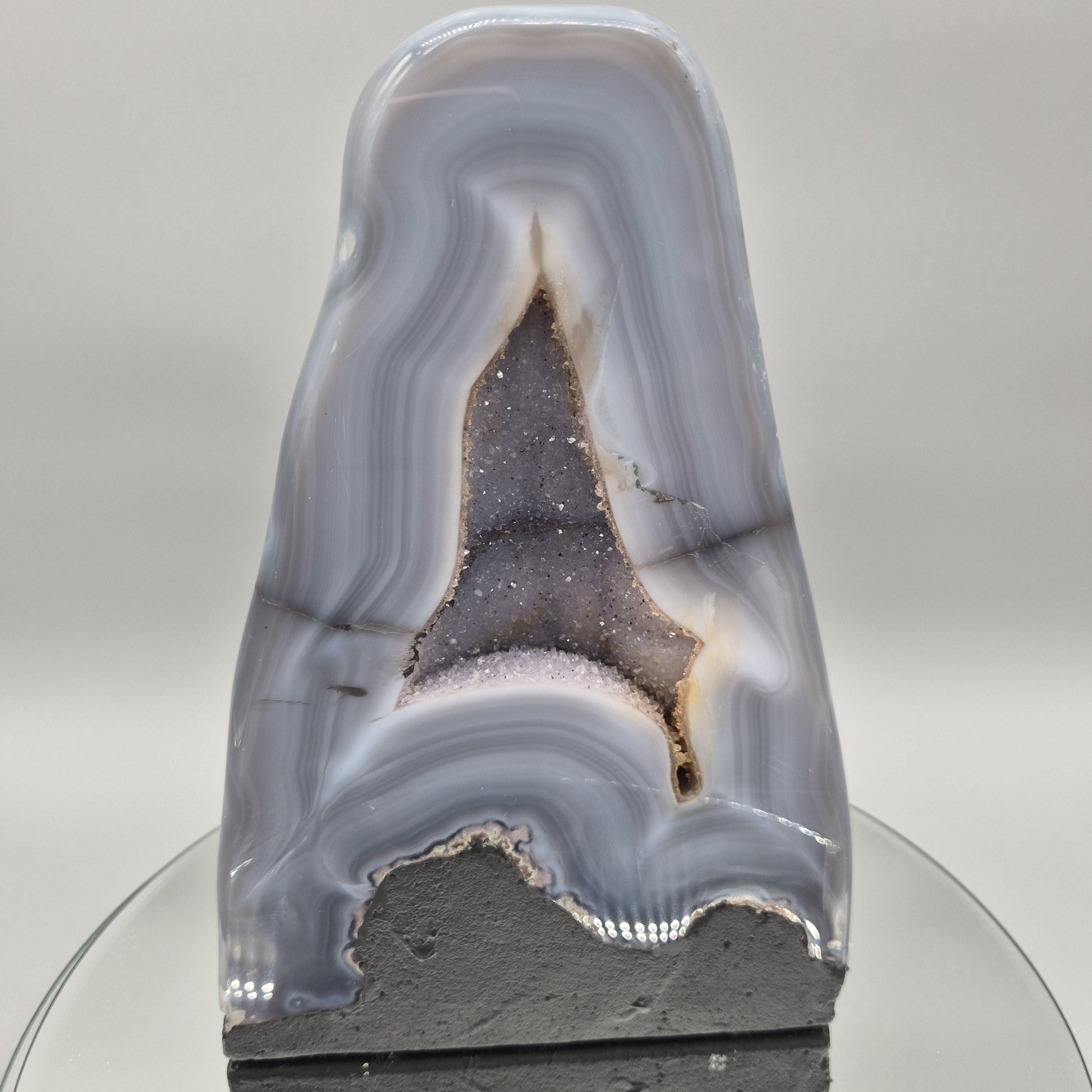 Fully Polished Blue Banded Agate with Druzy | Large Agate Cathedral Display | Collector Crystal Specimen Crystal Hoarder