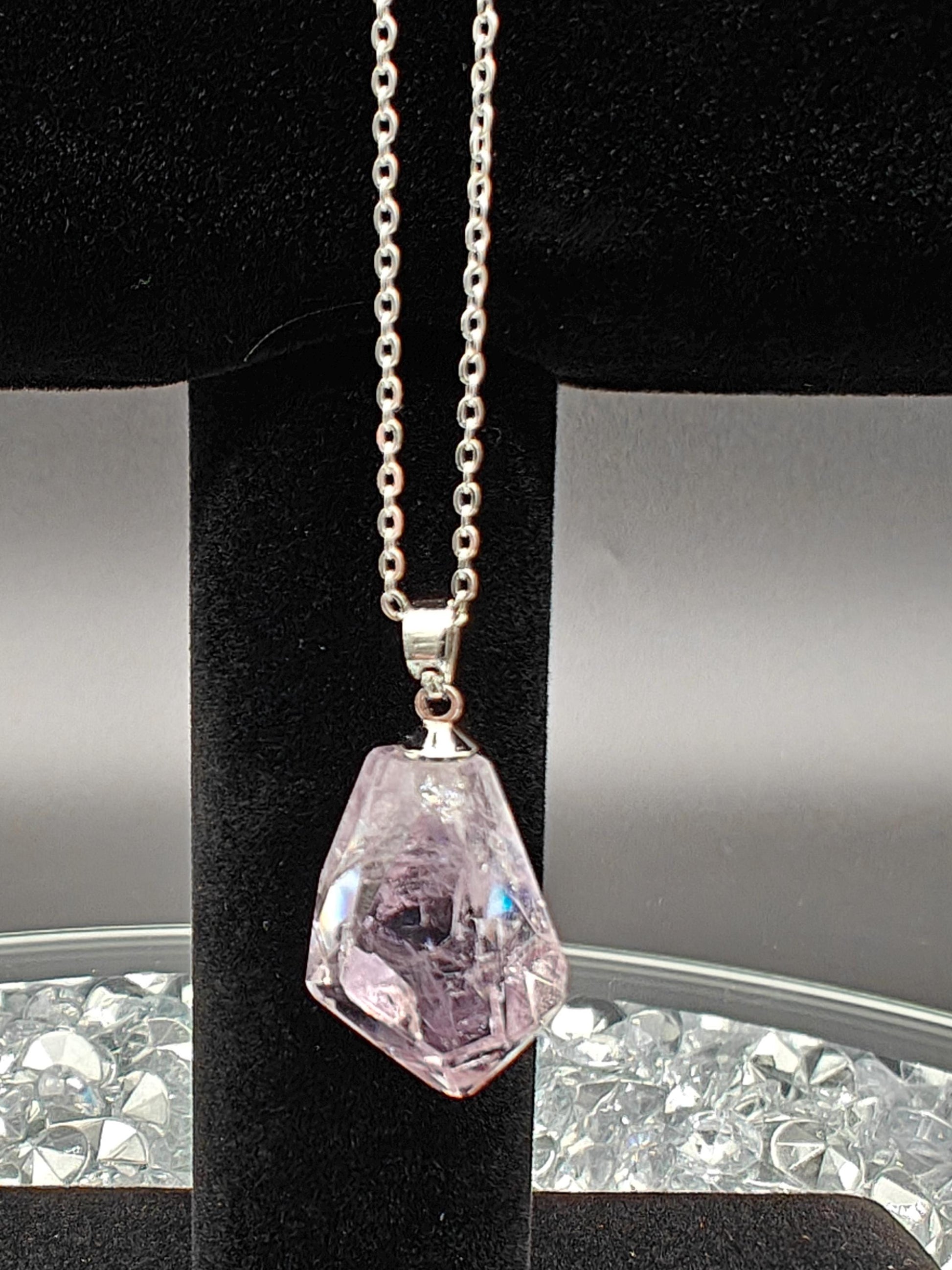 Rose de France Amethyst Necklace - Brazil Amethyst Pendant on Anti-Tarnish Stainless Steel Chain  - 9in Chain Crystal Hoarder