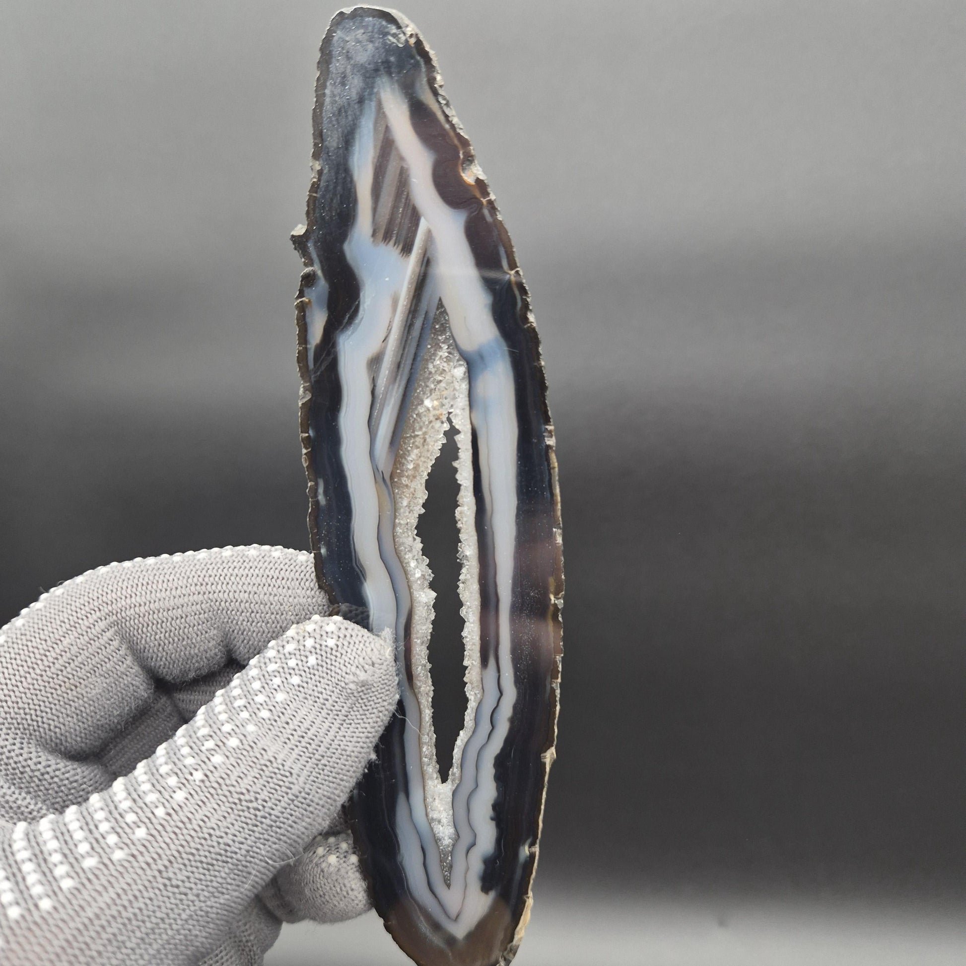 AAA+ Black Banded Agate Slices with Water Clear Druzy - Brazil | Set of 4 | 7in x 2in | 0.64 lbs Rare Crystal Hoarder