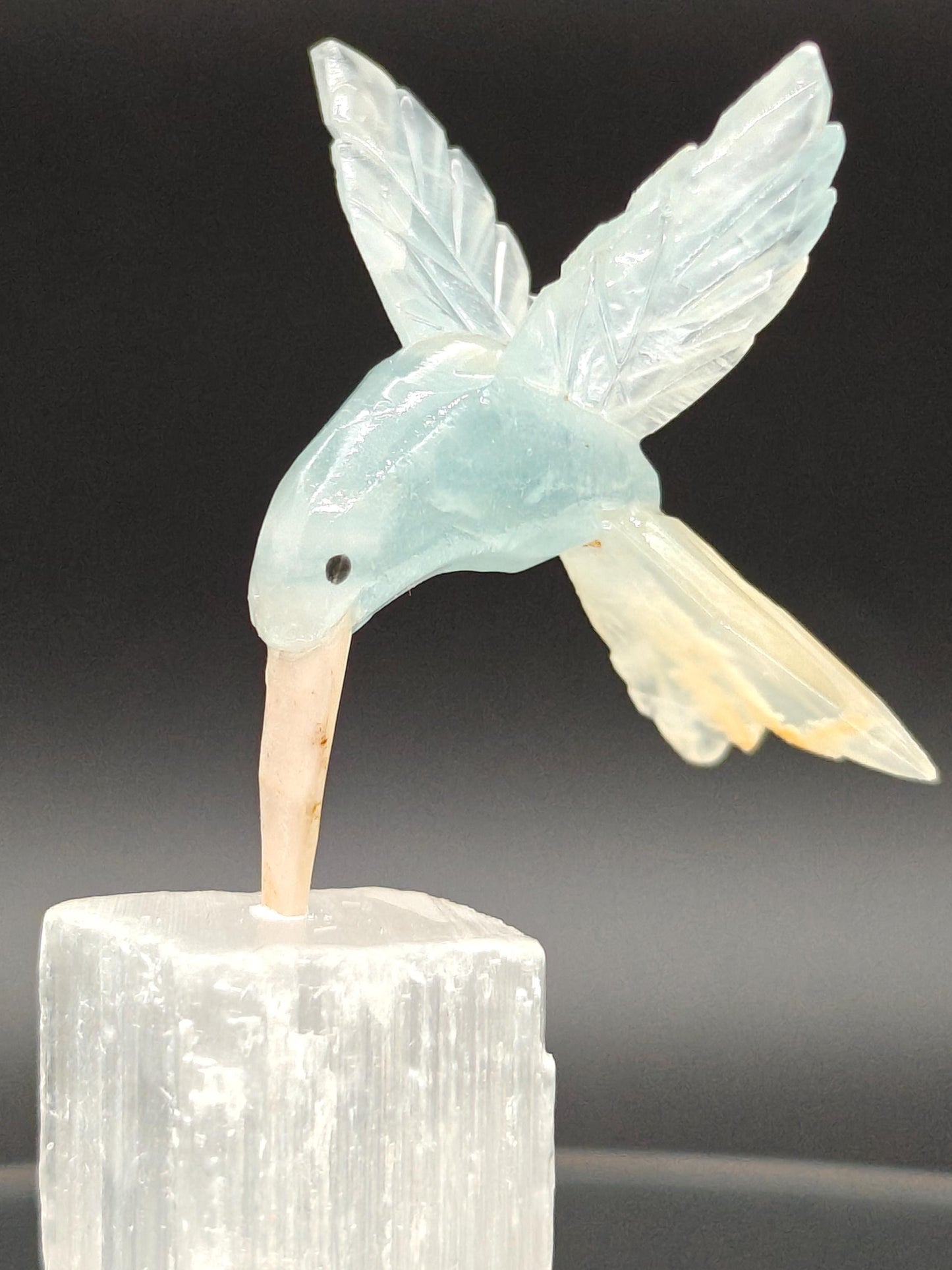 Blue Onyx Hummingbird on Satin Spar (Selenite Gypsum) - Hand Carved Brazil, 4 oz, 4 x 1in Crystal Hoarder