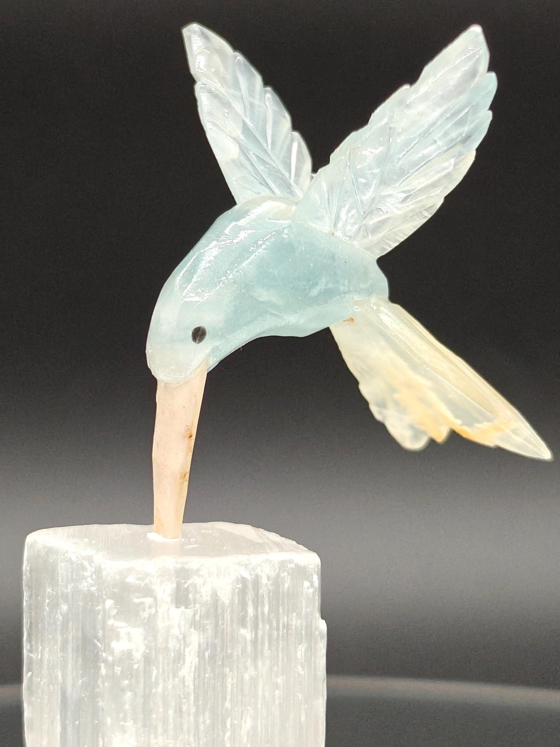 Blue Onyx Hummingbird on Satin Spar (Selenite Gypsum) - Hand Carved Brazil, 4 oz, 4 x 1in Crystal Hoarder
