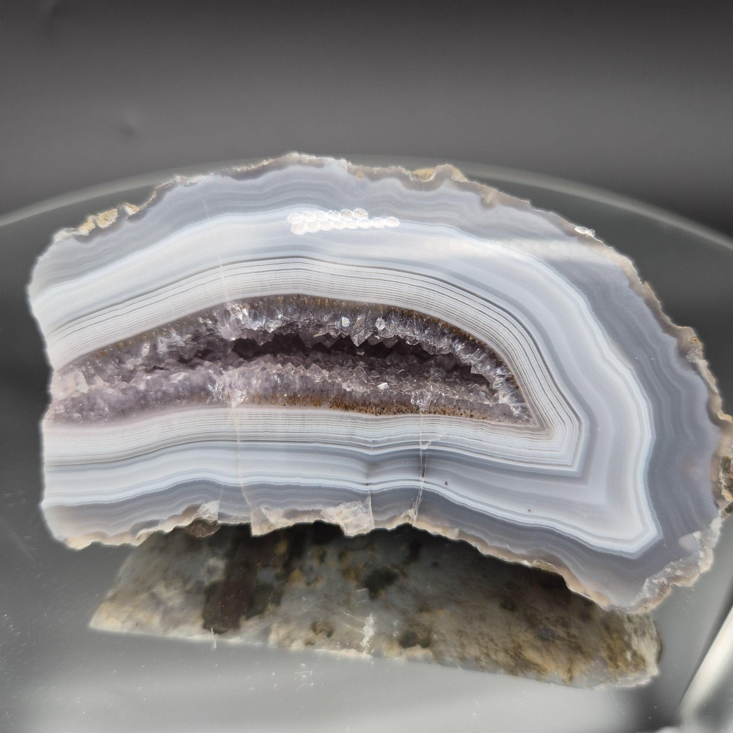 AAA+ Amethyst with Blue Banded Agate Cut Base | Brazilian Amethyst Crystal Cluster | 1.03 lbs Crystal Hoarder