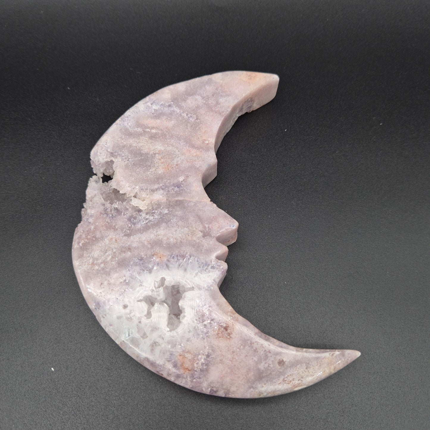 AAA+ Druzy Pink Amethyst Crescent Moon Face Carving | Brazilian Crystal Display | .95 lbs Crystal Hoarder