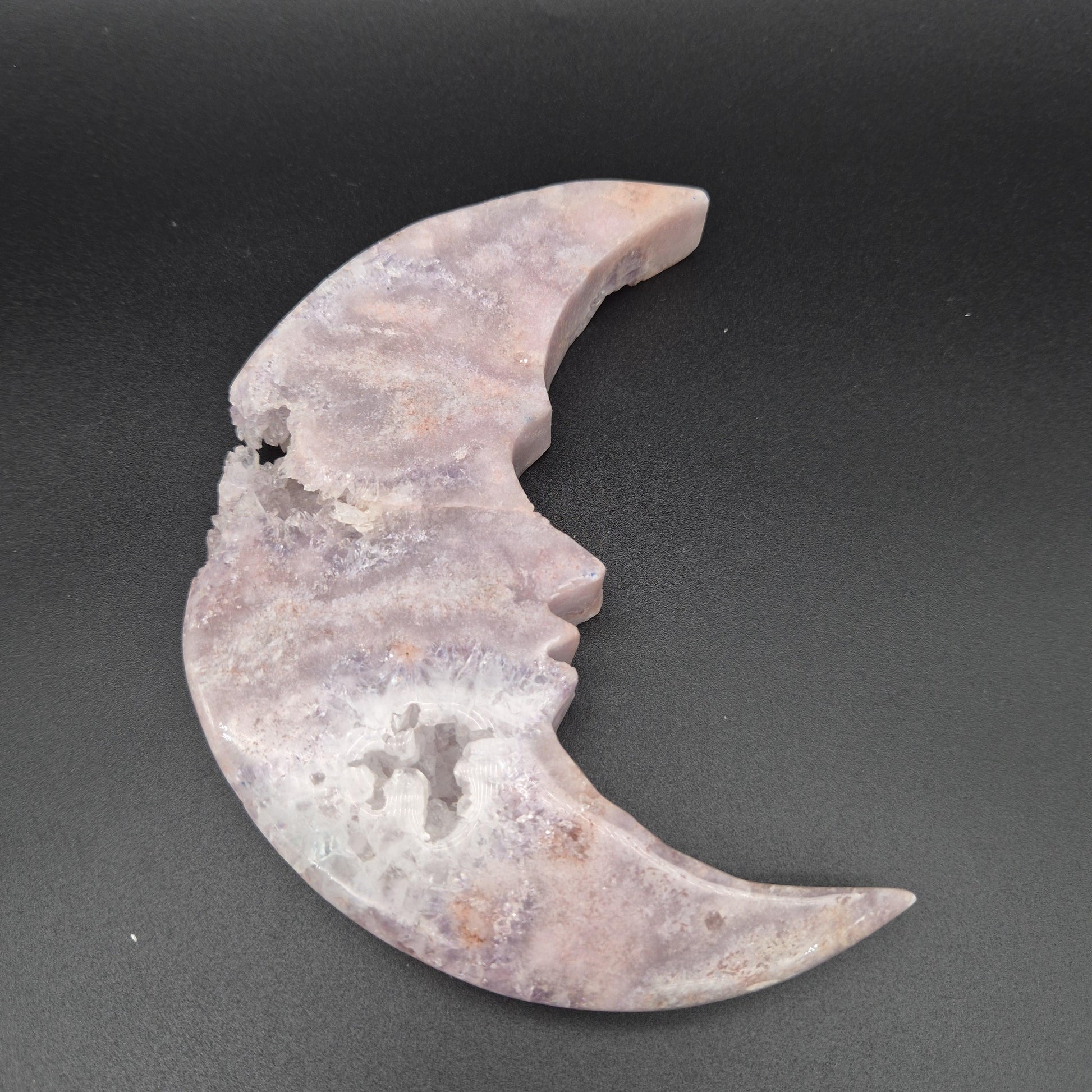 AAA+ Druzy Pink Amethyst Crescent Moon Face Carving | Brazilian Crystal Display | .95 lbs Crystal Hoarder