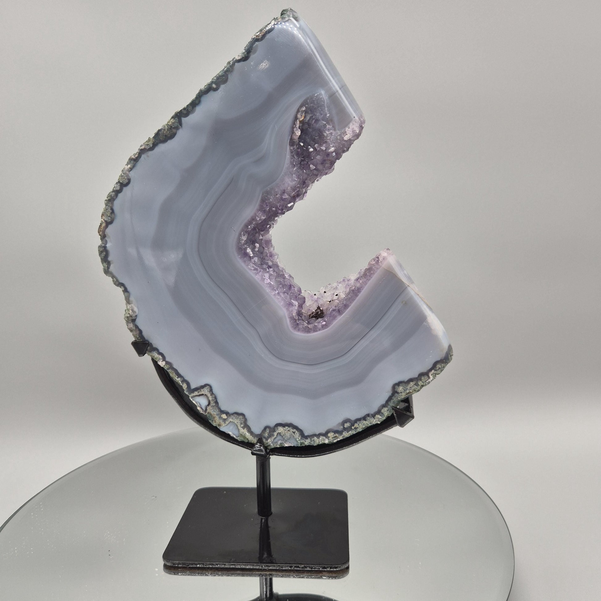 Rare Druzy Amethyst with Blue Banded Agate – Moon Shape – Brazil Crystal Hoarder