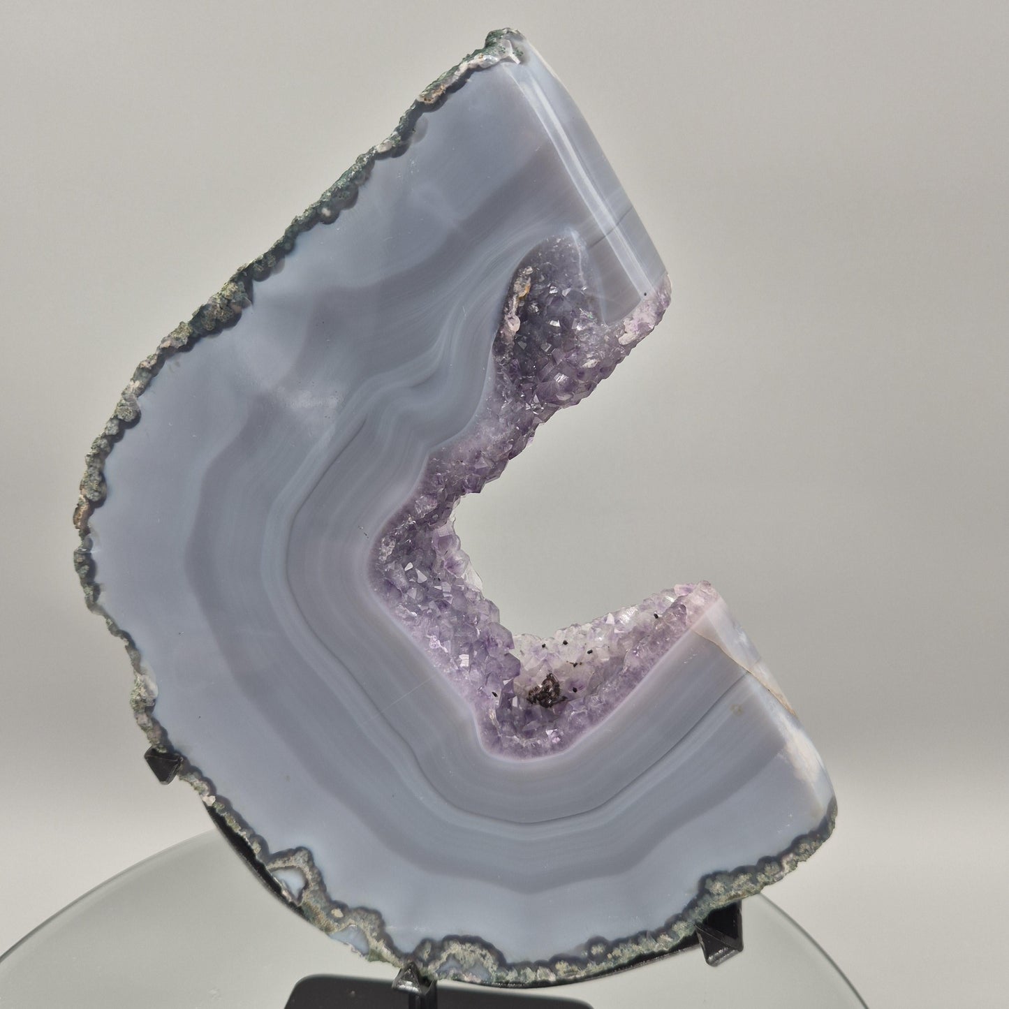 Rare Druzy Amethyst with Blue Banded Agate – Moon Shape – Brazil Crystal Hoarder
