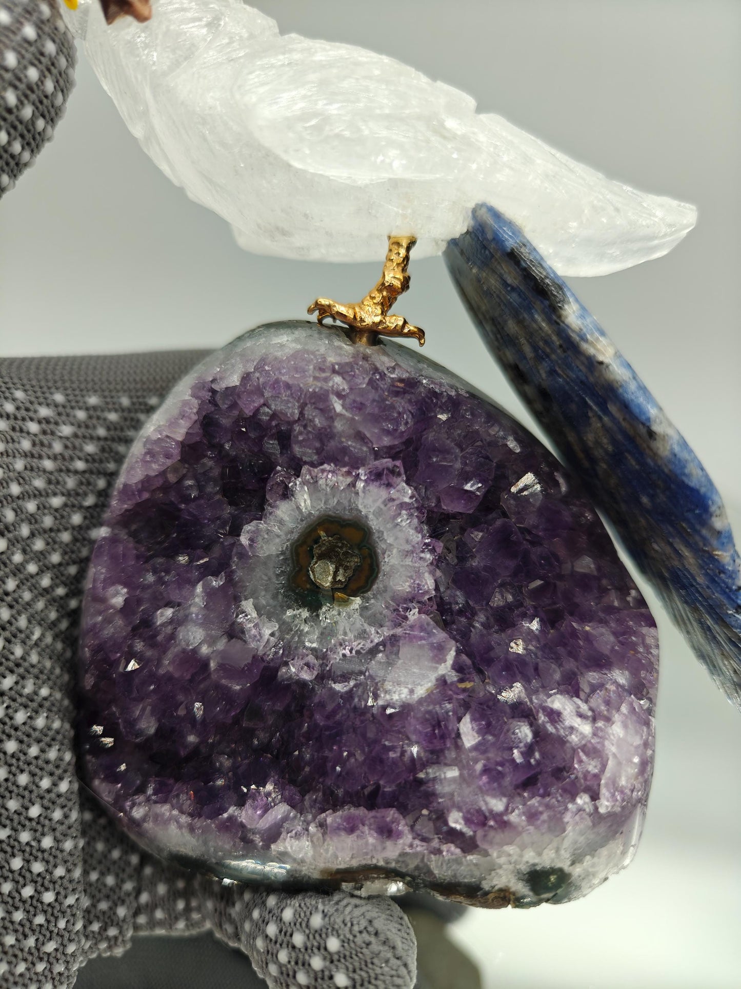 Hand Carved Clear Quartz Bird on Amethyst Base with Stalactite Eye | Sodalite & Jasper Inlay Crystal Hoarder