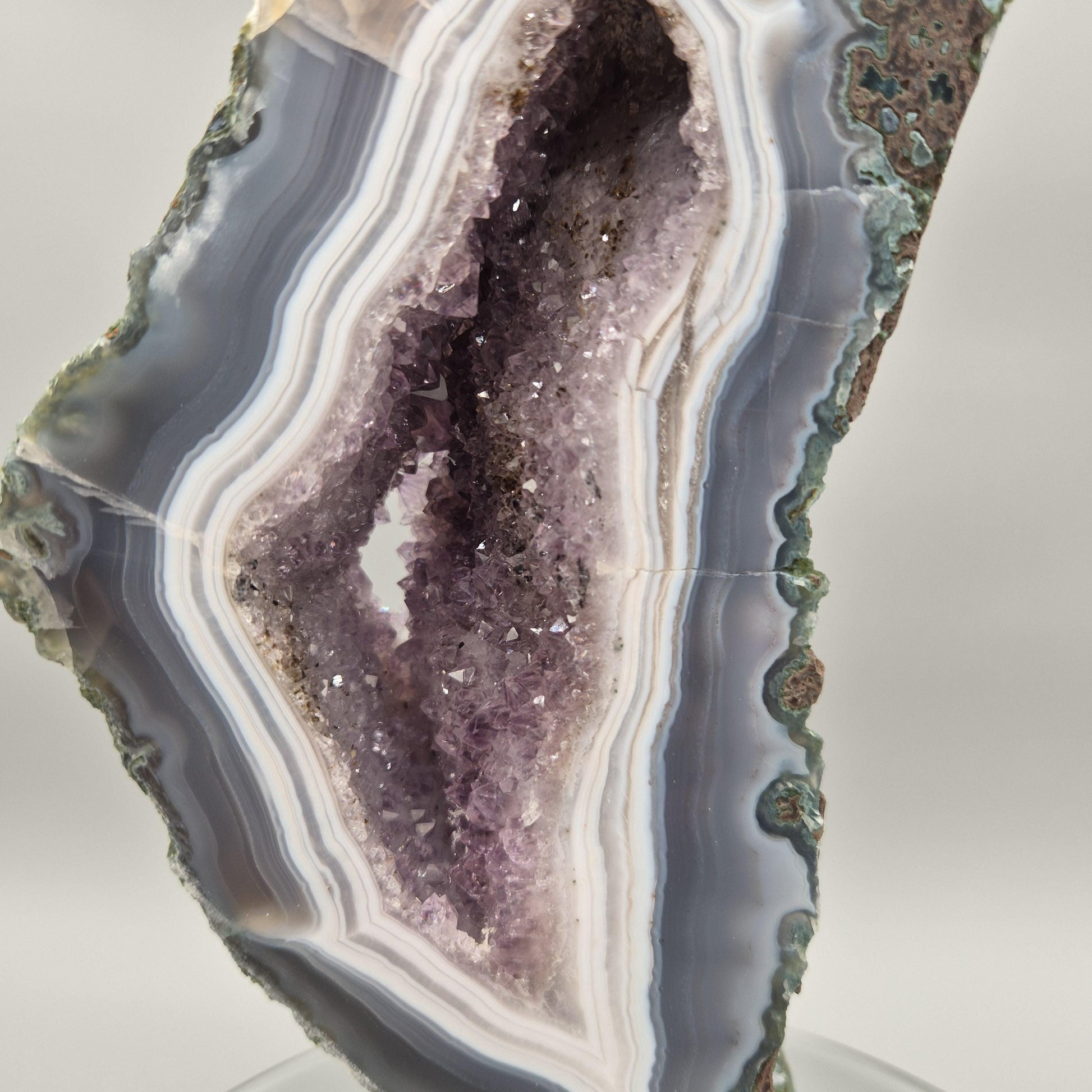 AAA+ Amethyst with Blue Banded Agate on Stand - Brazilian Amethyst Specimen with Natural Window - 13in Tall Crystal Display - 4.85 lbs Crystal Hoarder