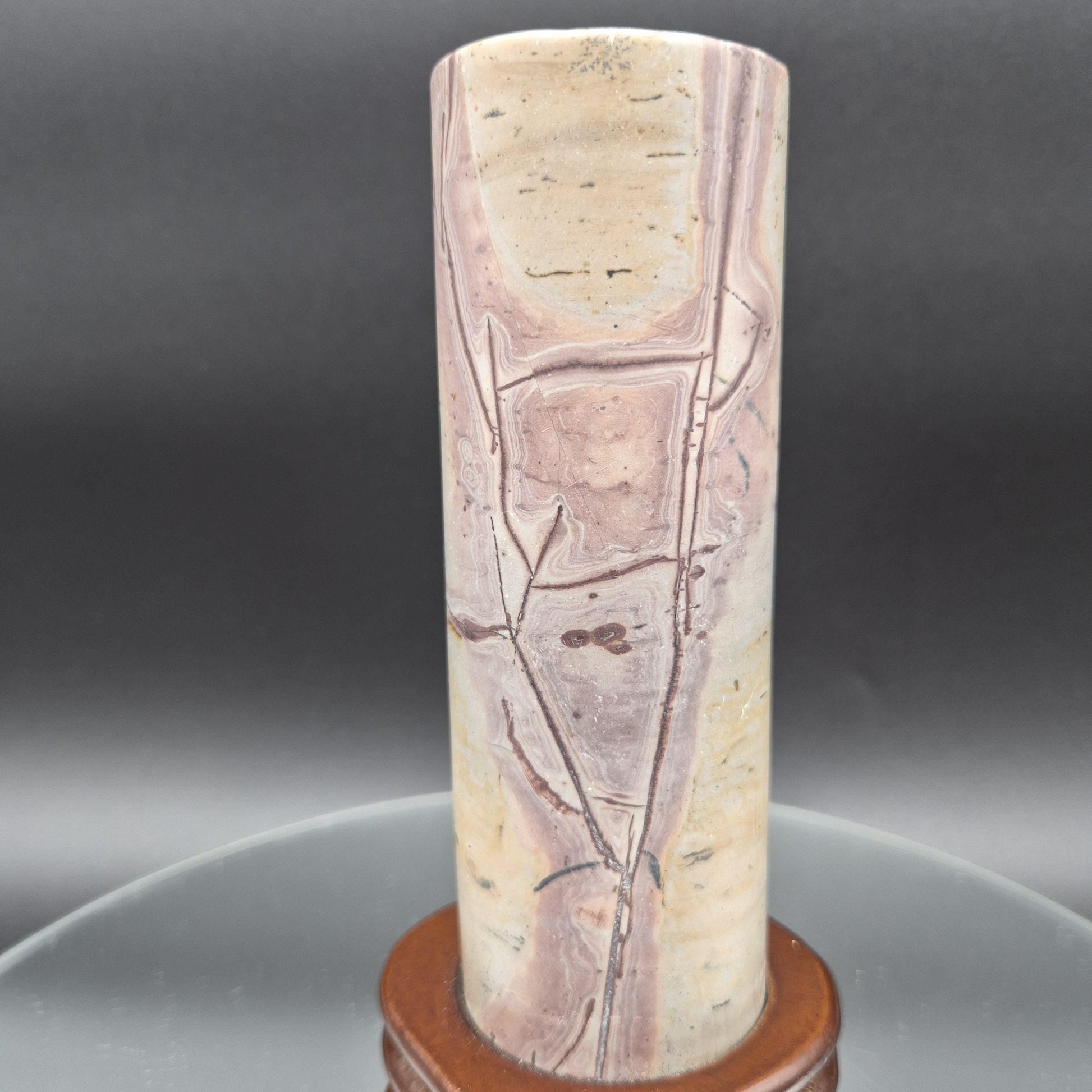 Rare Pink Picture Jasper Cylinder on Wood Stand | Natural Stone Display | 2.34 lbs Crystal Hoarder