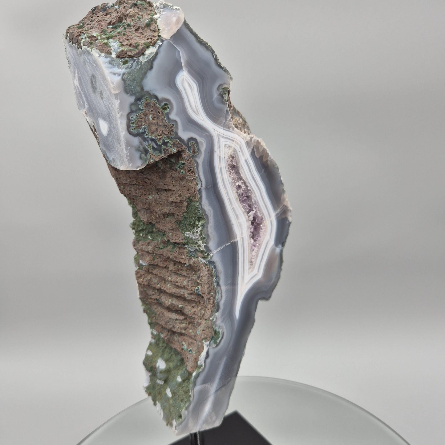 AAA+ Amethyst with Blue Banded Agate on Stand - Brazilian Amethyst Specimen with Natural Window - 13in Tall Crystal Display - 4.85 lbs Crystal Hoarder