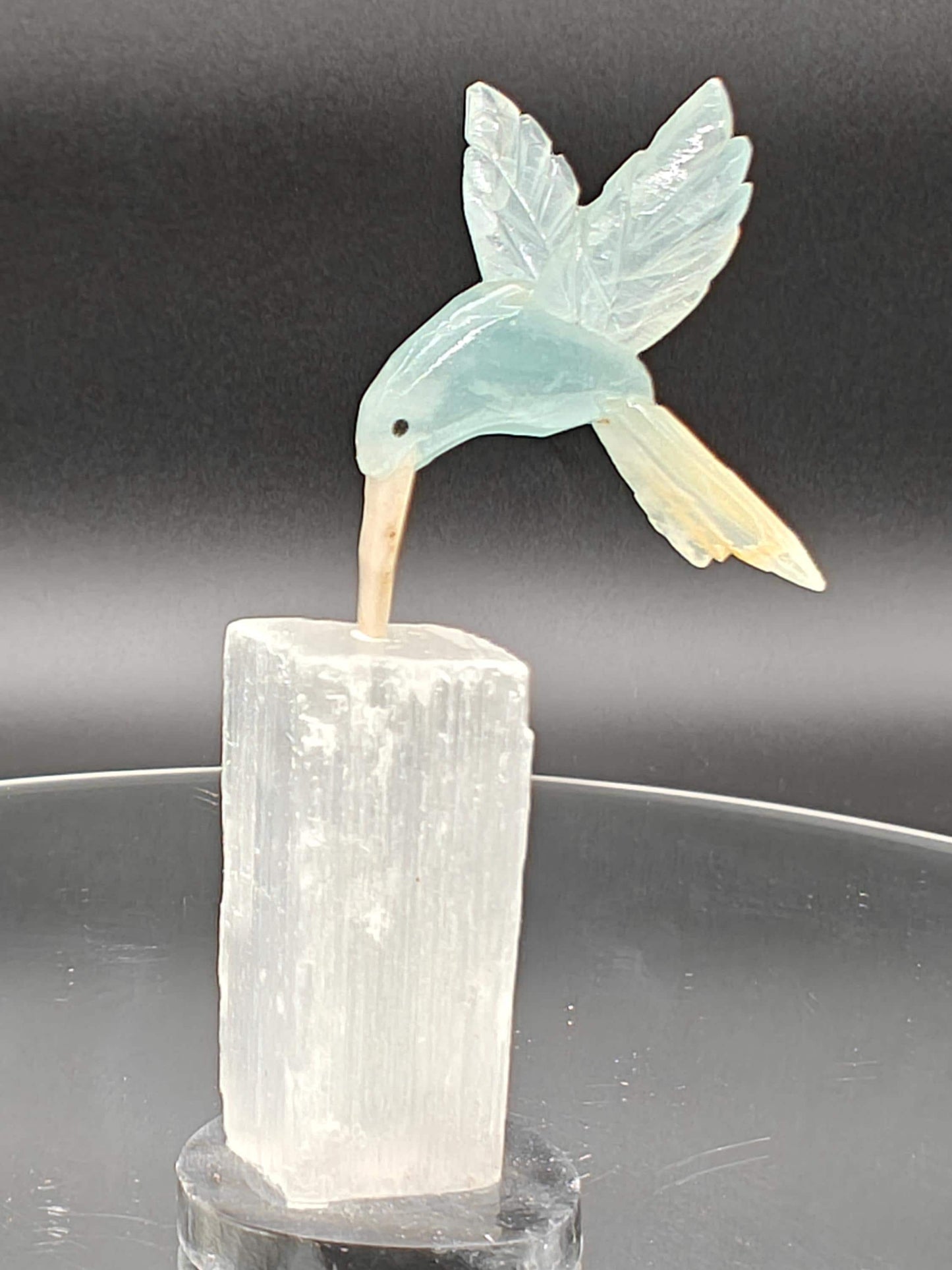 Blue Onyx Hummingbird on Satin Spar (Selenite Gypsum) - Hand Carved Brazil, 4 oz, 4 x 1in Crystal Hoarder