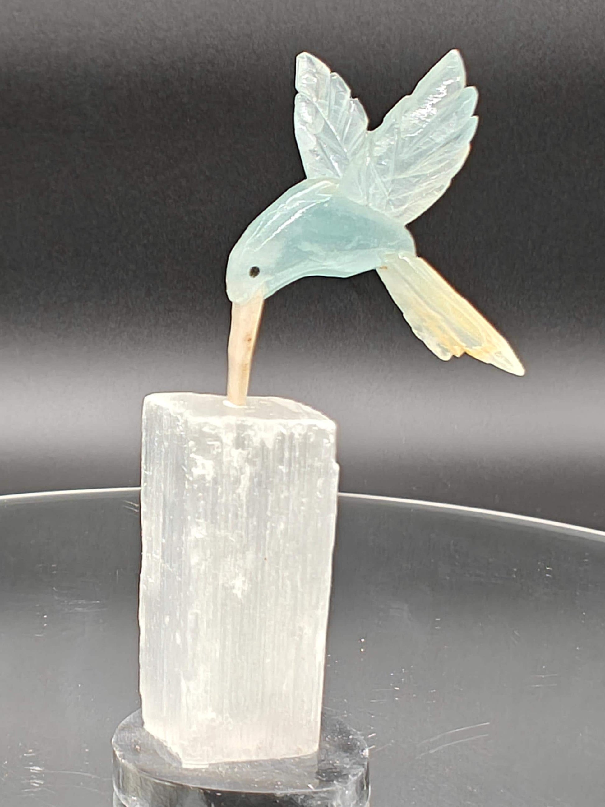Blue Onyx Hummingbird on Satin Spar (Selenite Gypsum) - Hand Carved Brazil, 4 oz, 4 x 1in Crystal Hoarder