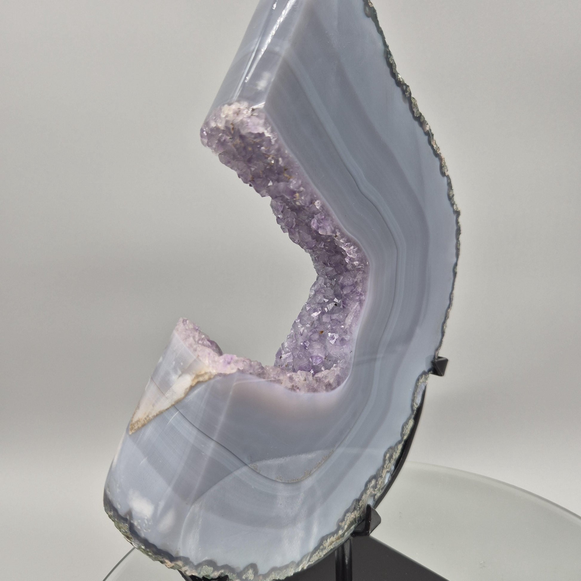 Rare Druzy Amethyst with Blue Banded Agate – Moon Shape – Brazil Crystal Hoarder
