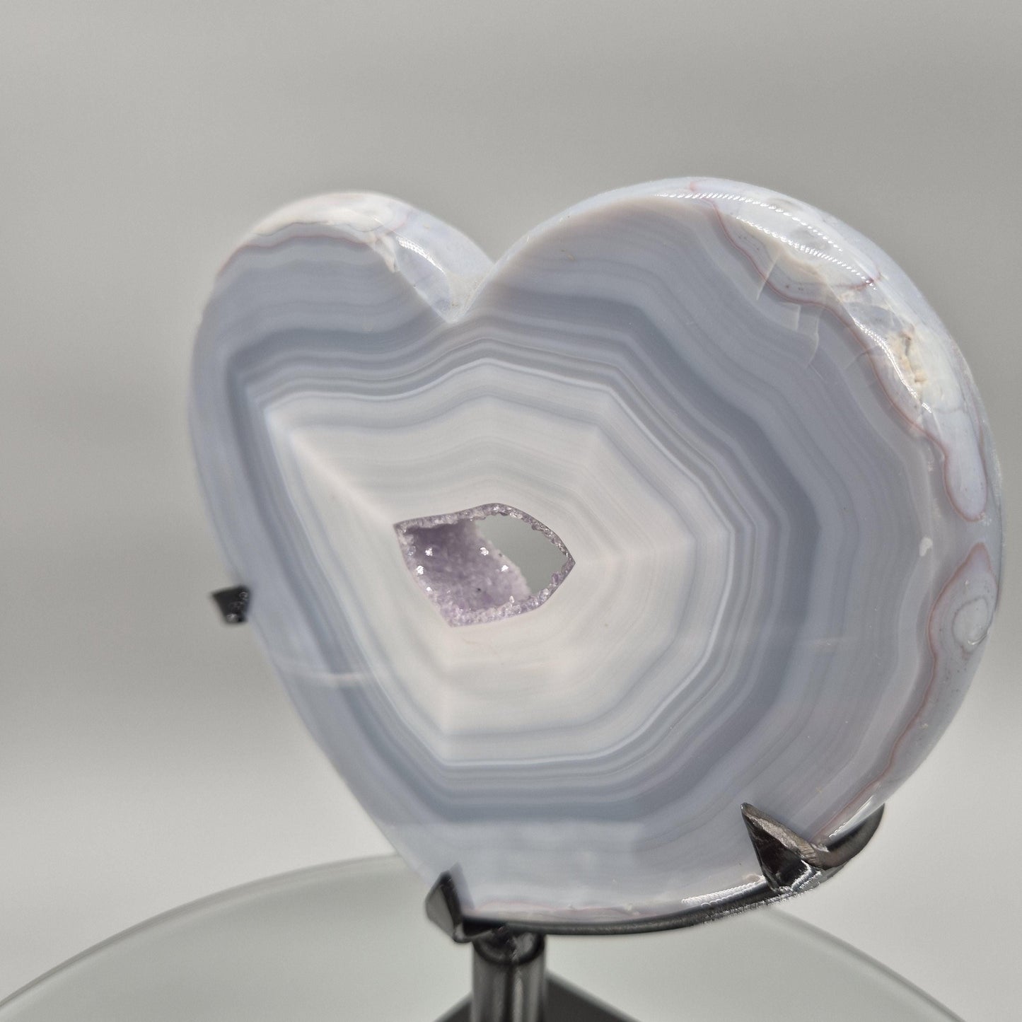 AAA+ Druzy Amethyst with Blue Banded Agate on Stand - Brazilian Amethyst Specimen - Perfect Framed Crystal Center Crystal Hoarder