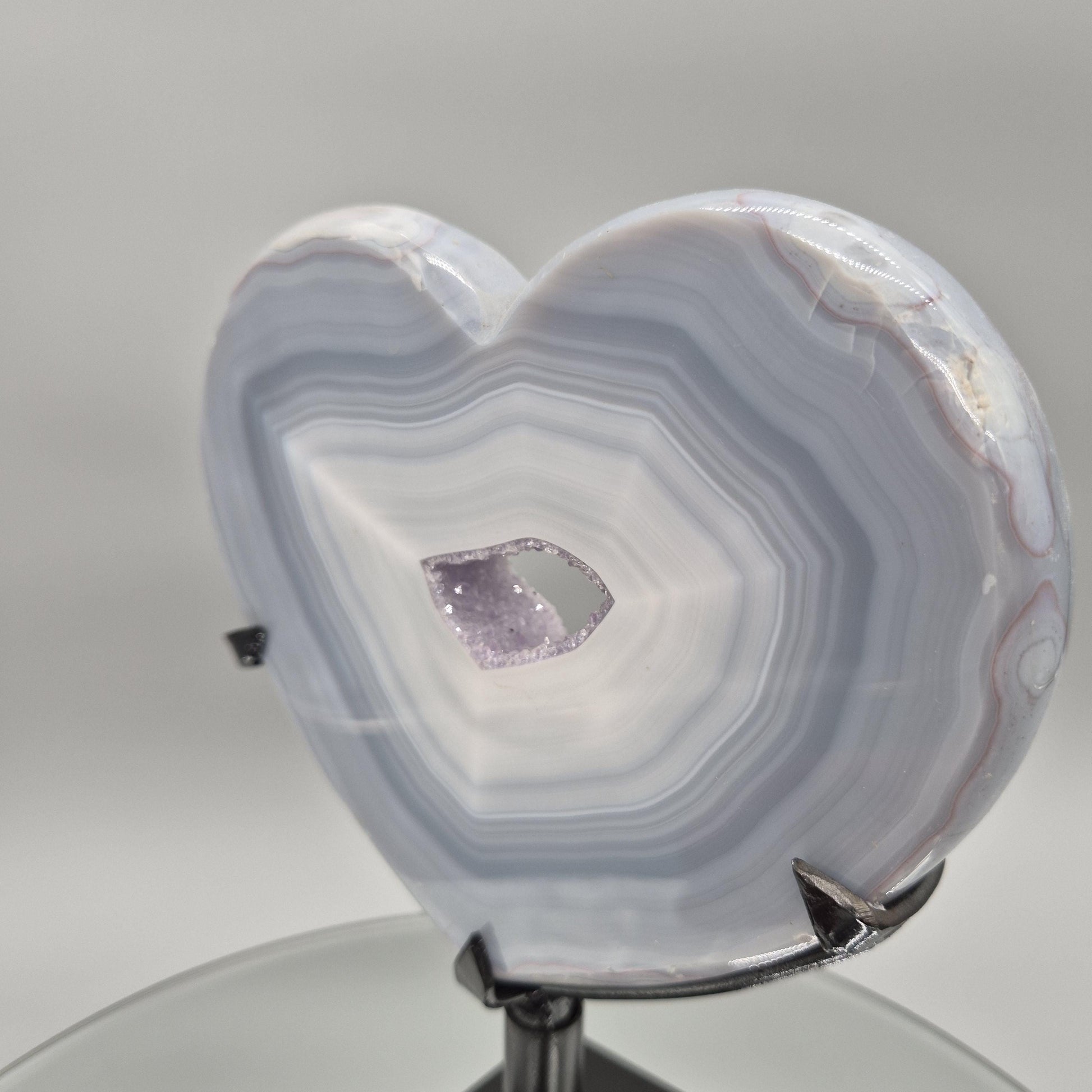 AAA+ Druzy Amethyst with Blue Banded Agate on Stand - Brazilian Amethyst Specimen - Perfect Framed Crystal Center Crystal Hoarder