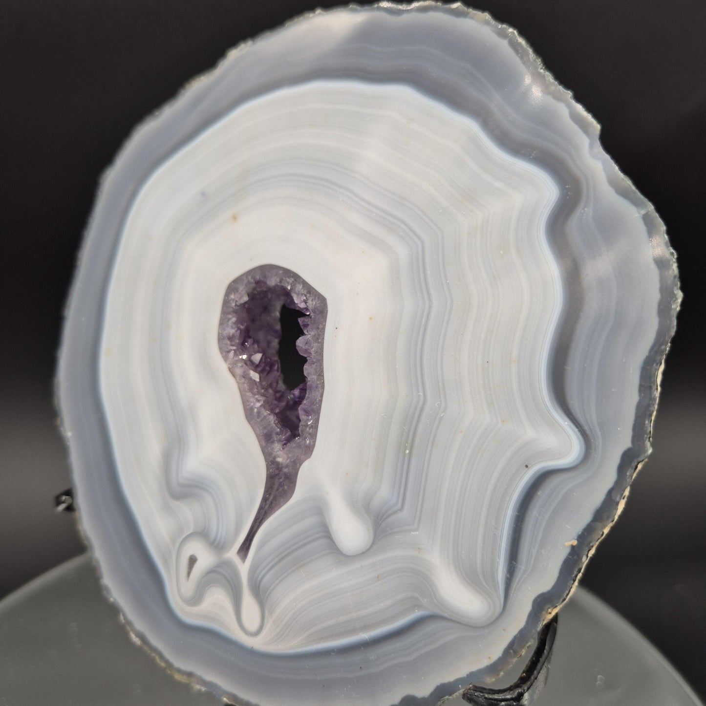 AAA+ Blue Banded Agate with Amethyst on Stand | Brazil Crystal Display | 9 Inch Tall | 2.89 lbs Crystal Hoarder