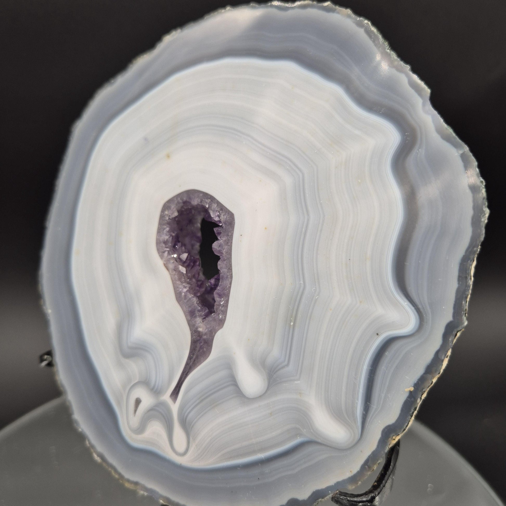 AAA+ Blue Banded Agate with Amethyst on Stand | Brazil Crystal Display | 9 Inch Tall | 2.89 lbs Crystal Hoarder