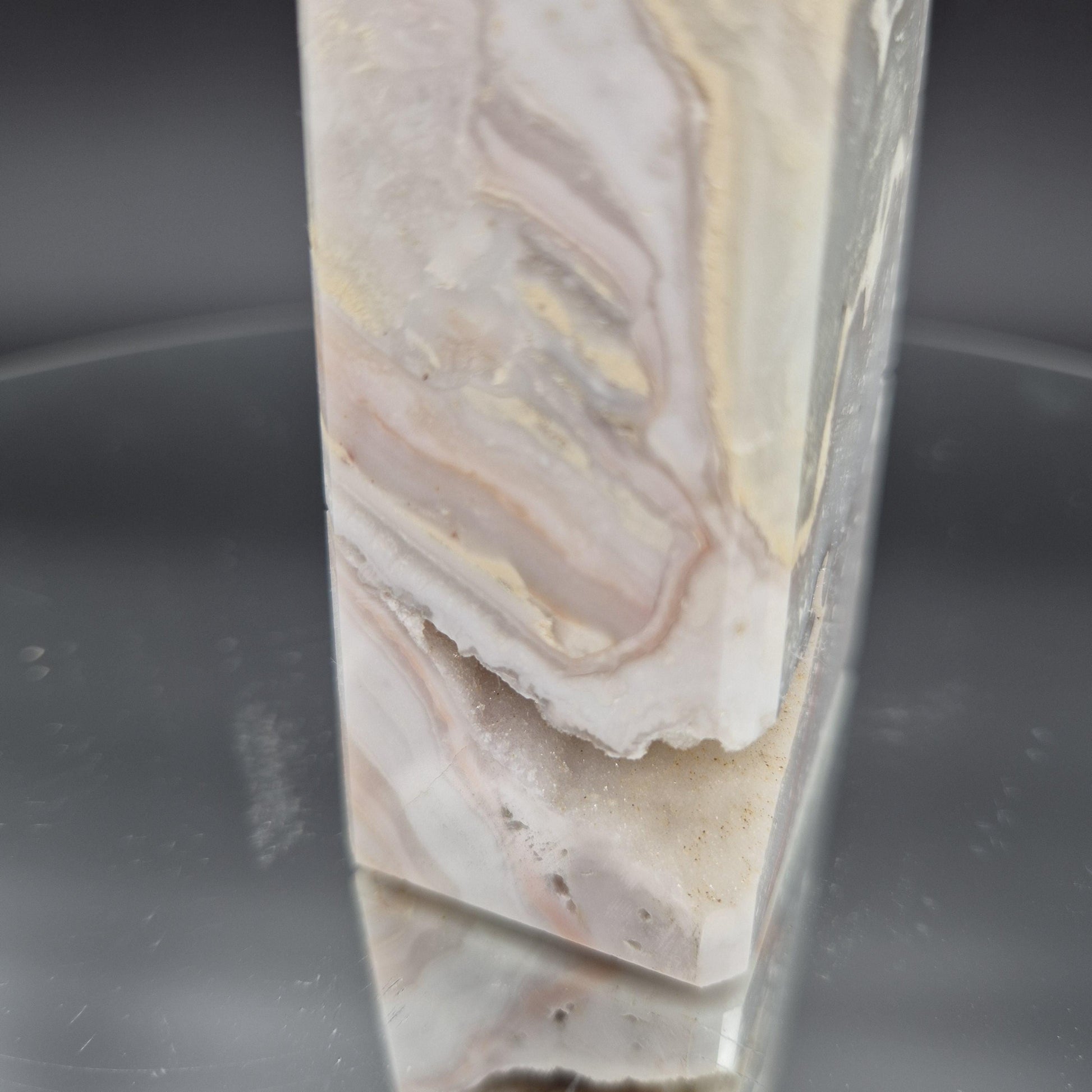 AAA+ Light Pink Crazy Lace Agate Tower with Druzy - 8 x 2in, 1.33 lbs - Natural Crystal Display, Collector Specimen Crystal Hoarder
