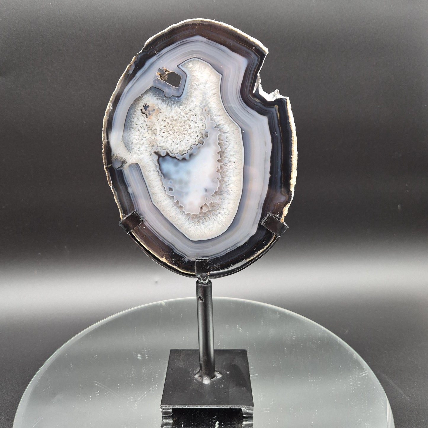 AAA+ Rare Natural Black Agate with Quartz Slice on Stand Brazil 1.11 lbs Crystal Hoarder