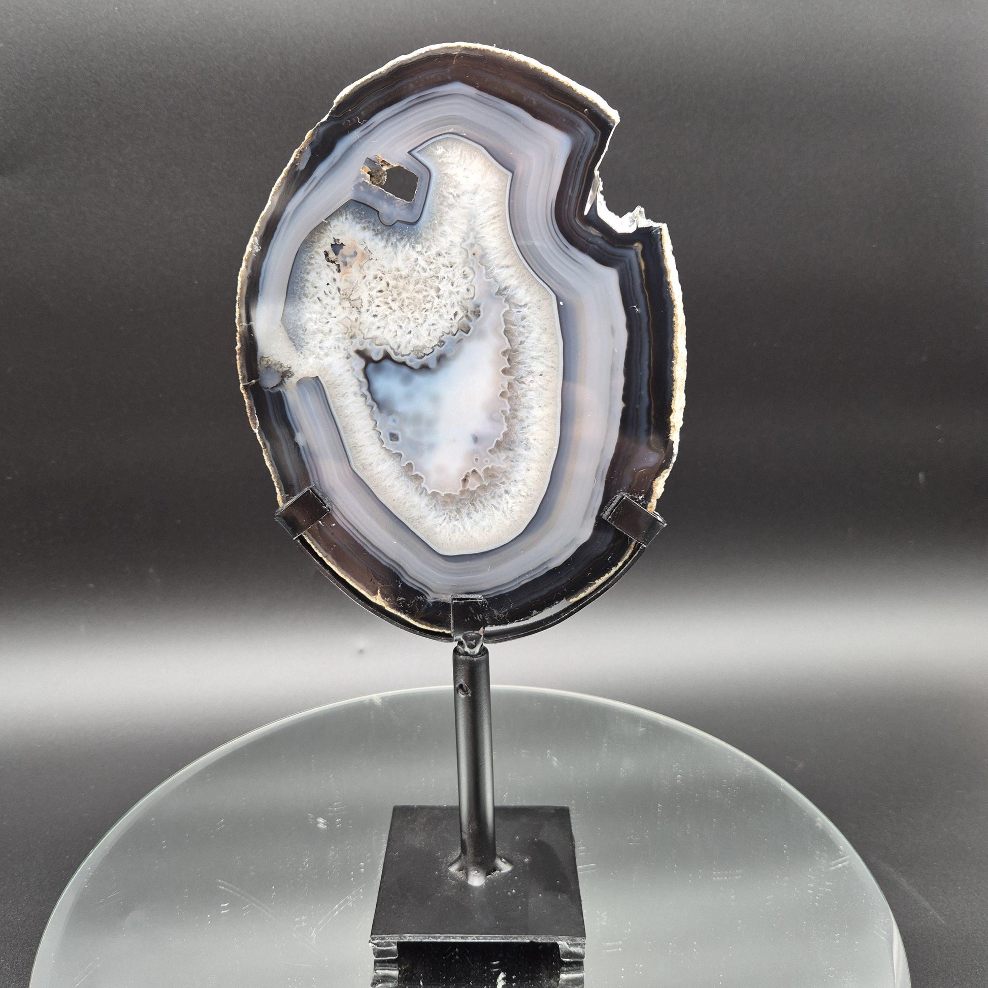 AAA+ Rare Natural Black Agate with Quartz Slice on Stand Brazil 1.11 lbs Crystal Hoarder