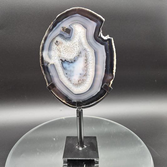 AAA+ Rare Natural Black Agate with Quartz Slice on Stand Brazil 1.11 lbs Crystal Hoarder