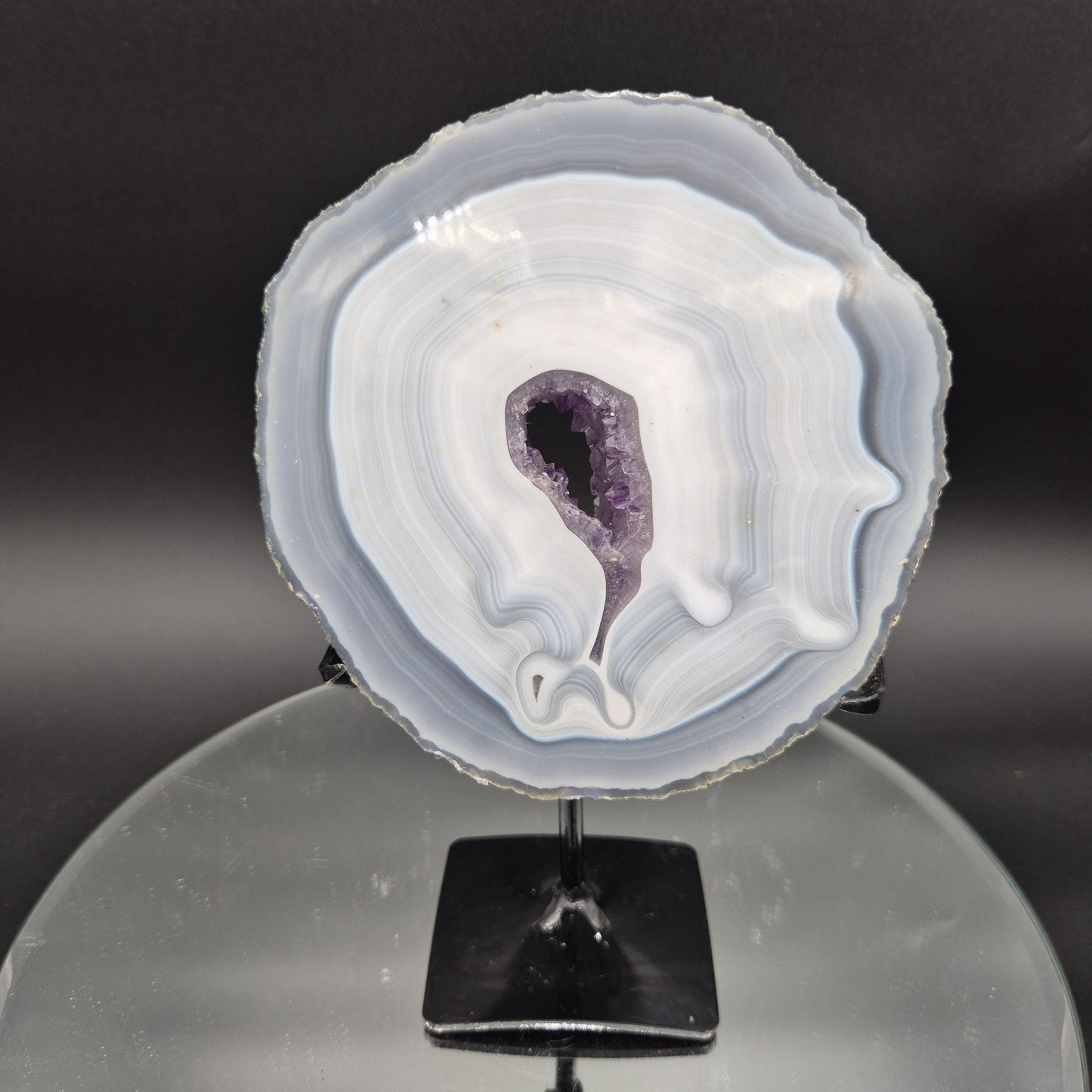 AAA+ Blue Banded Agate with Amethyst on Stand | Brazil Crystal Display | 9 Inch Tall | 2.89 lbs Crystal Hoarder