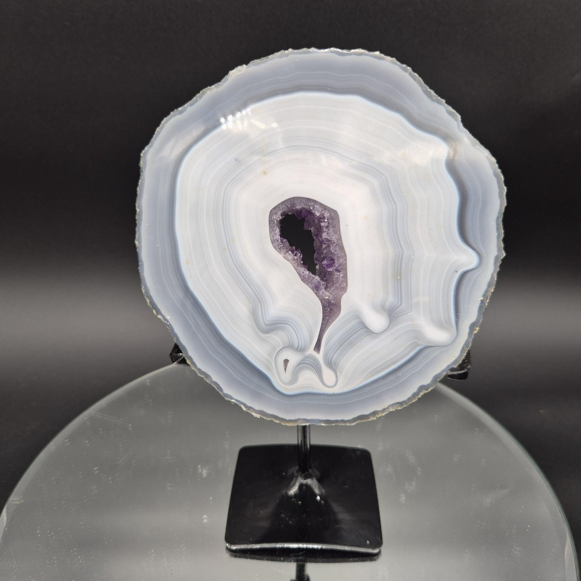 AAA+ Blue Banded Agate with Amethyst on Stand | Brazil Crystal Display | 9 Inch Tall | 2.89 lbs Crystal Hoarder