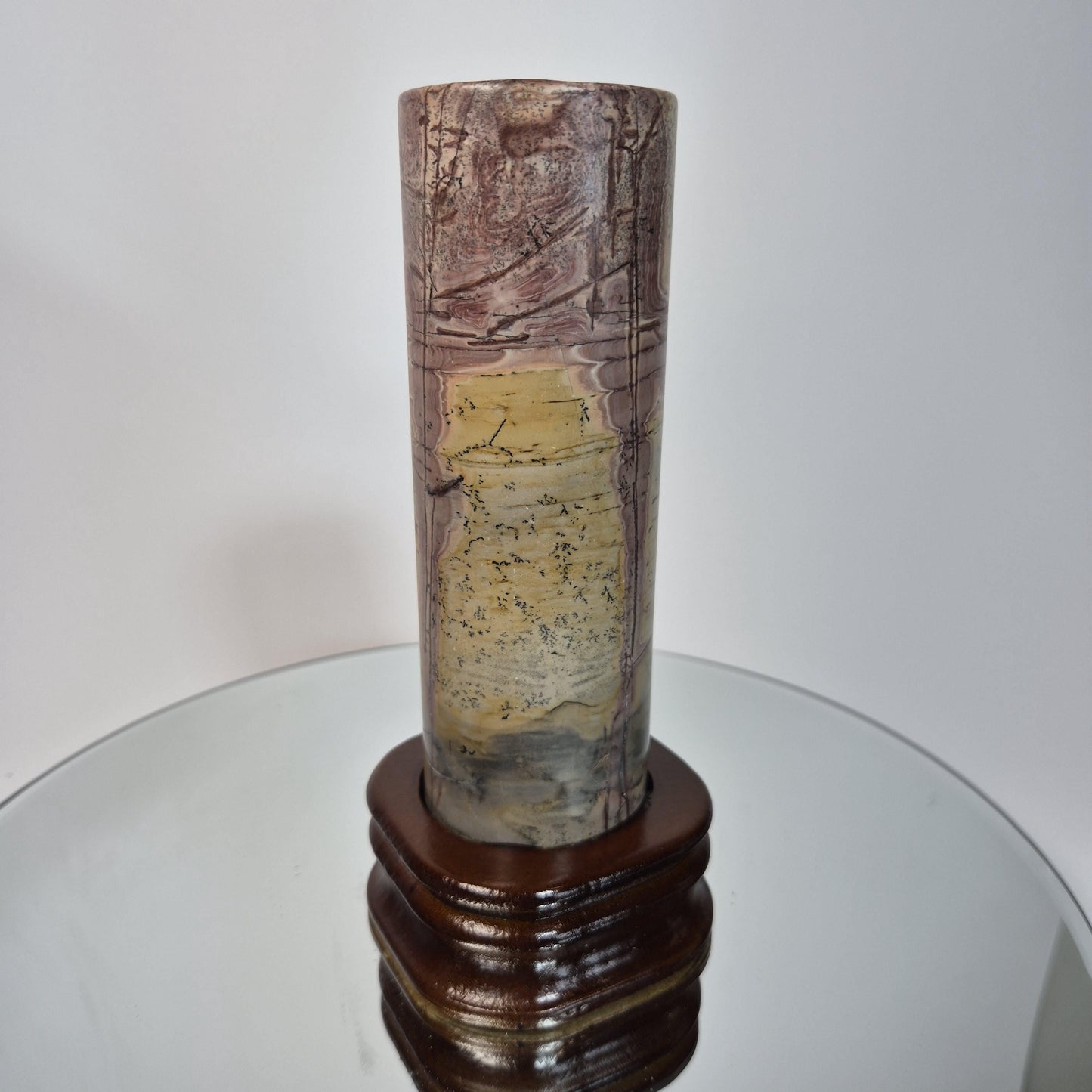 Picture Jasper Cylinder on Wood Stand - 7.5in Tall Earth Tone Crystal Display Crystal Hoarder