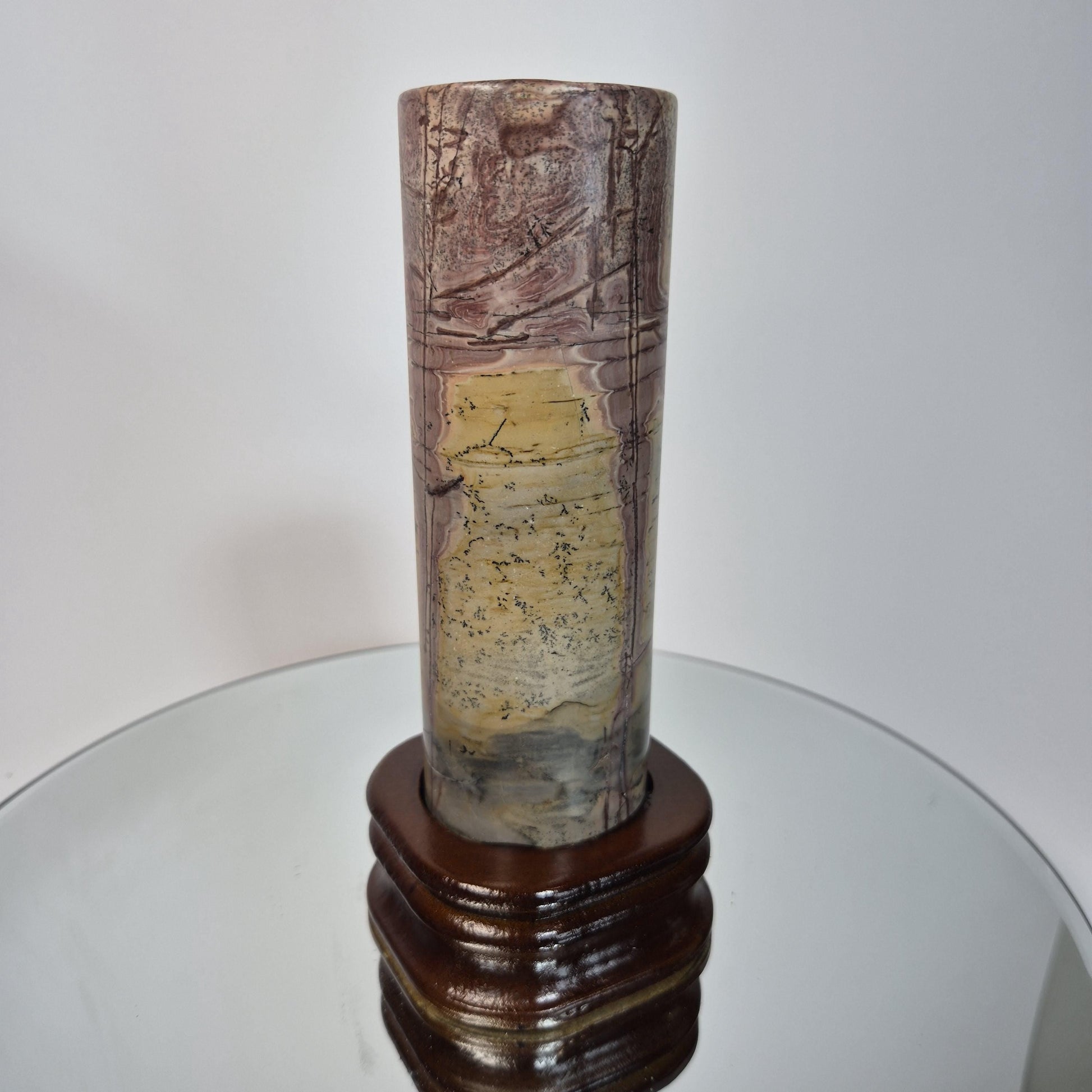 Picture Jasper Cylinder on Wood Stand - 7.5in Tall Earth Tone Crystal Display Crystal Hoarder