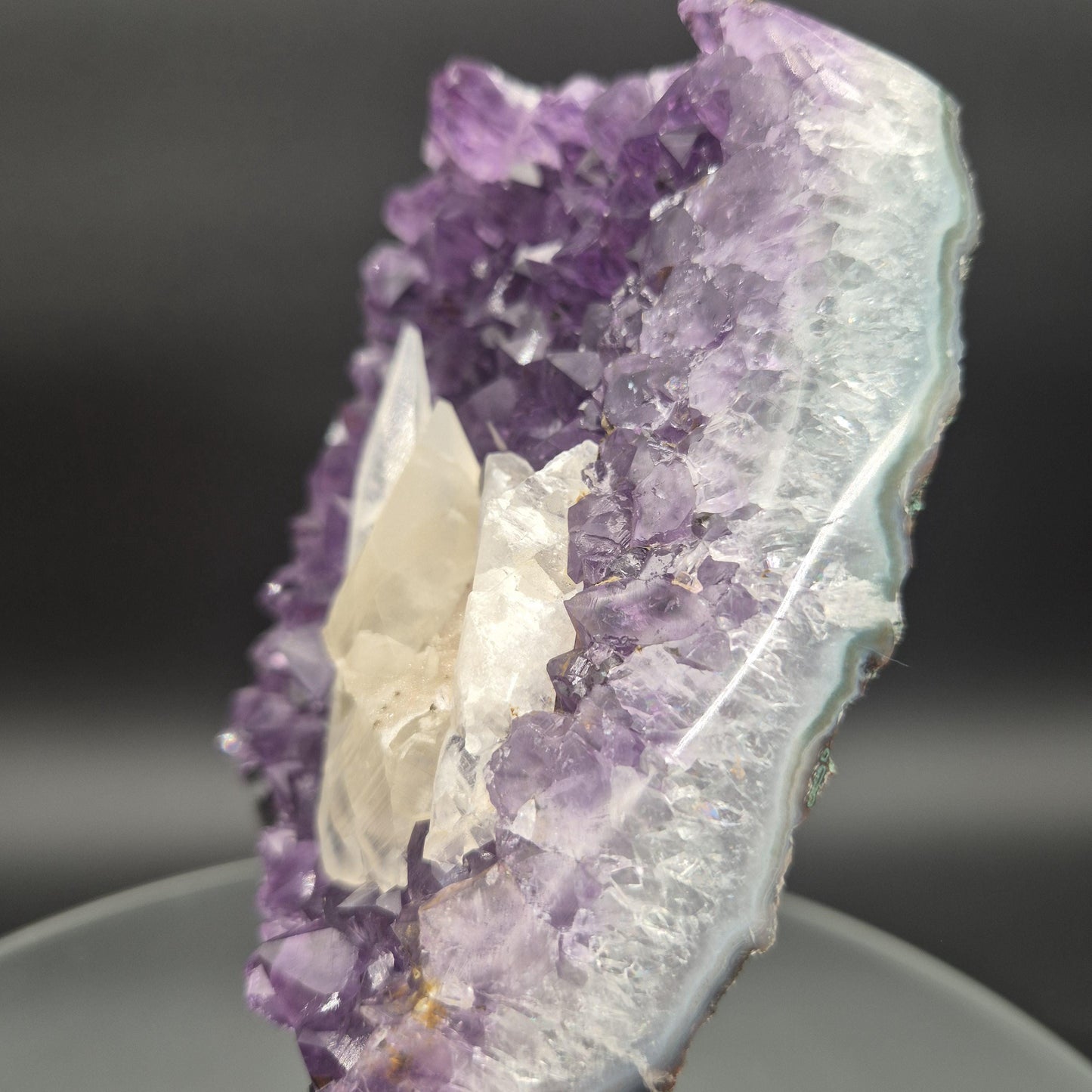 Super Rare Amethyst with Double-Terminated Transparent & Sugar Calcite | 7.5 x 4.5in | 2 lb Free-Form Crystal on Stand | UV Reactive Crystal Hoarder