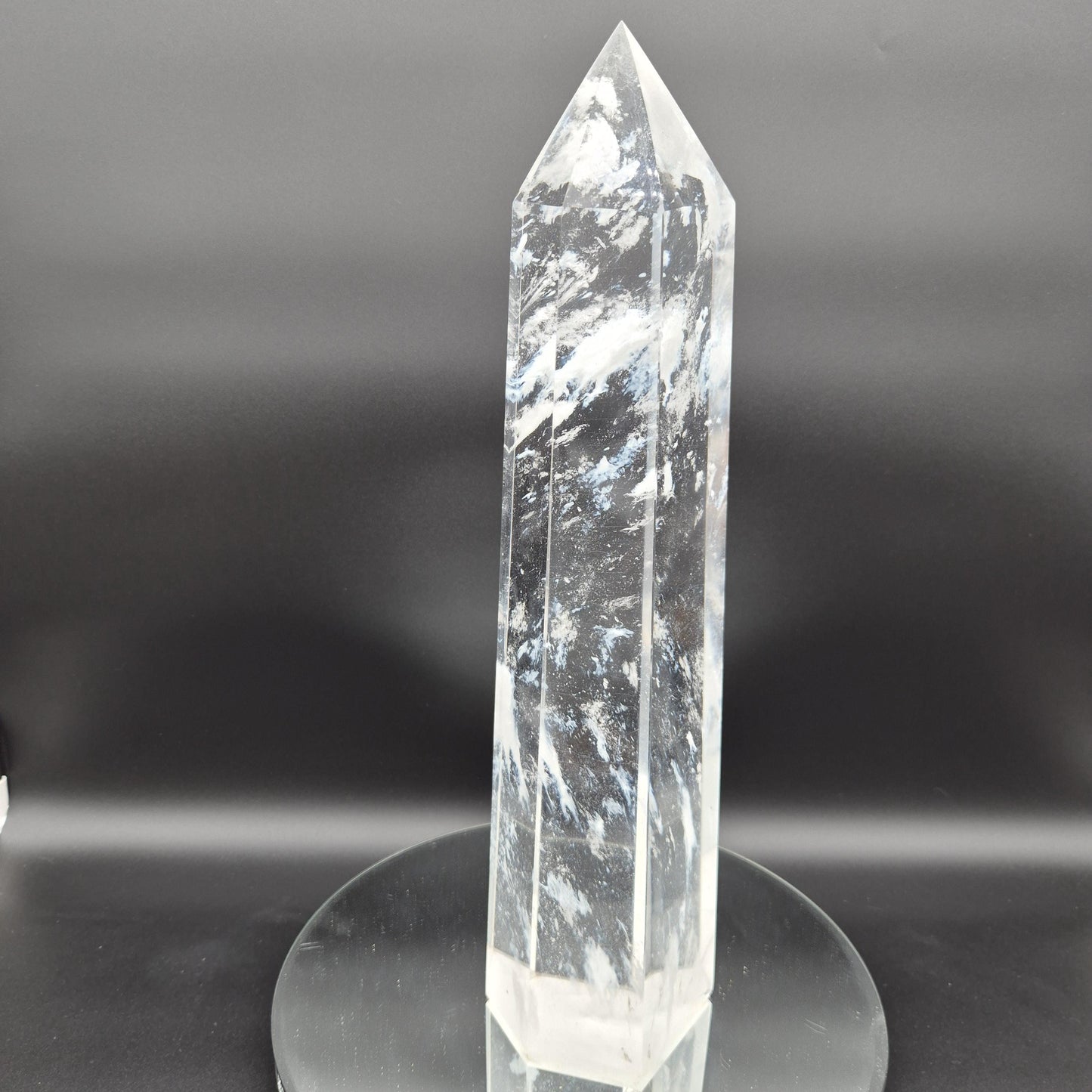 17.5in, 11.65 lbs- Clear Smelt Quartz Tower with White Cloud Inclusions - Man Made Quartz Obelisk - Optional LED Light Base Crystal Hoarder