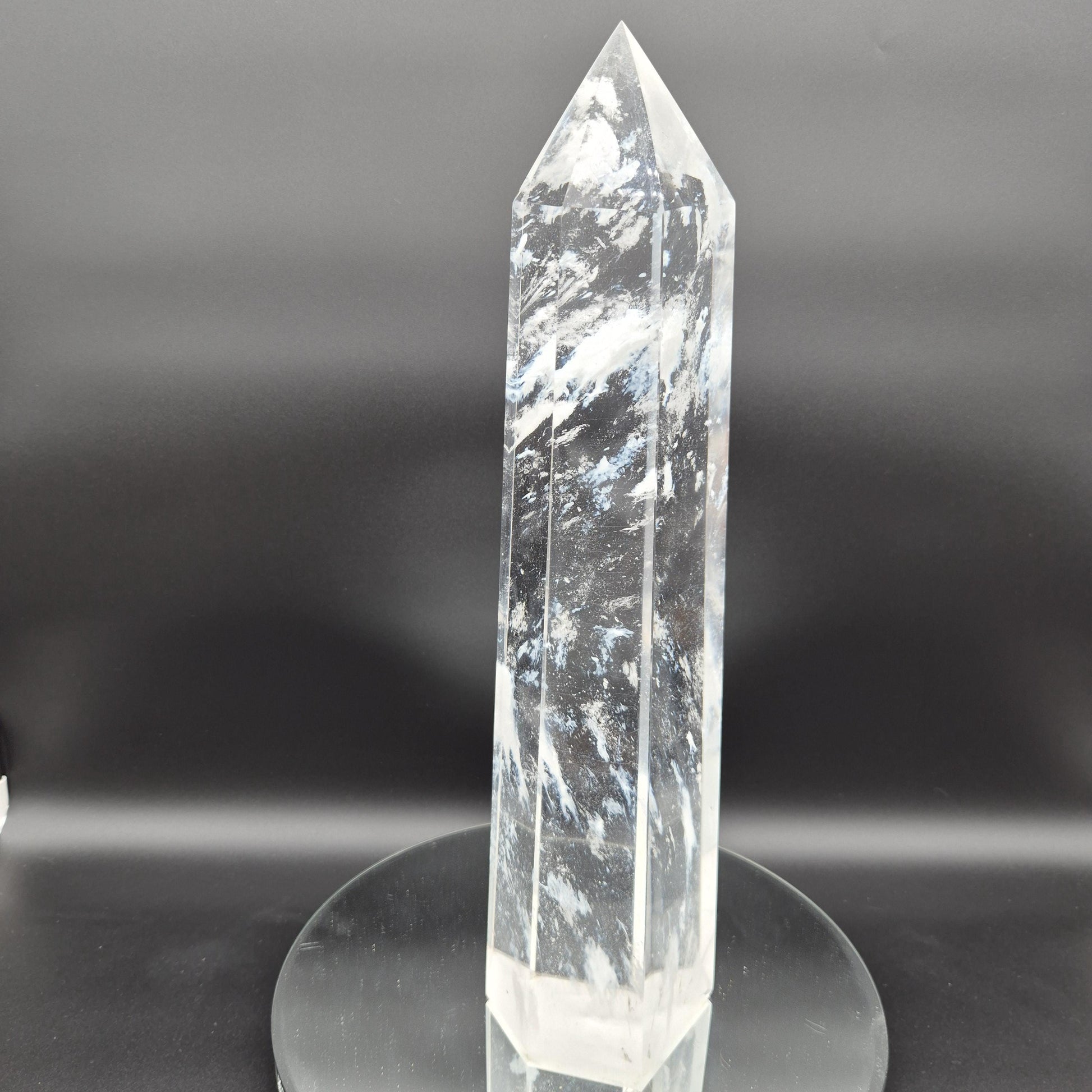17.5in, 11.65 lbs- Clear Smelt Quartz Tower with White Cloud Inclusions - Man Made Quartz Obelisk - Optional LED Light Base Crystal Hoarder