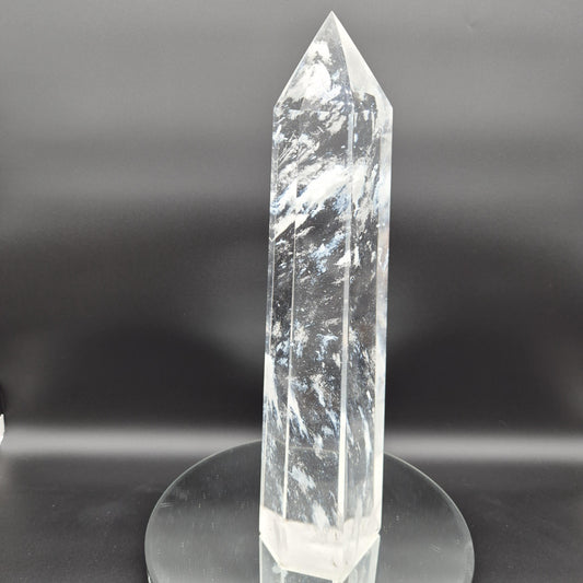 17.5", 11.65 lbs- Clear Smelt Quartz Tower with White Cloud Inclusions - Man Made Quartz Obelisk - Optional LED Light Base