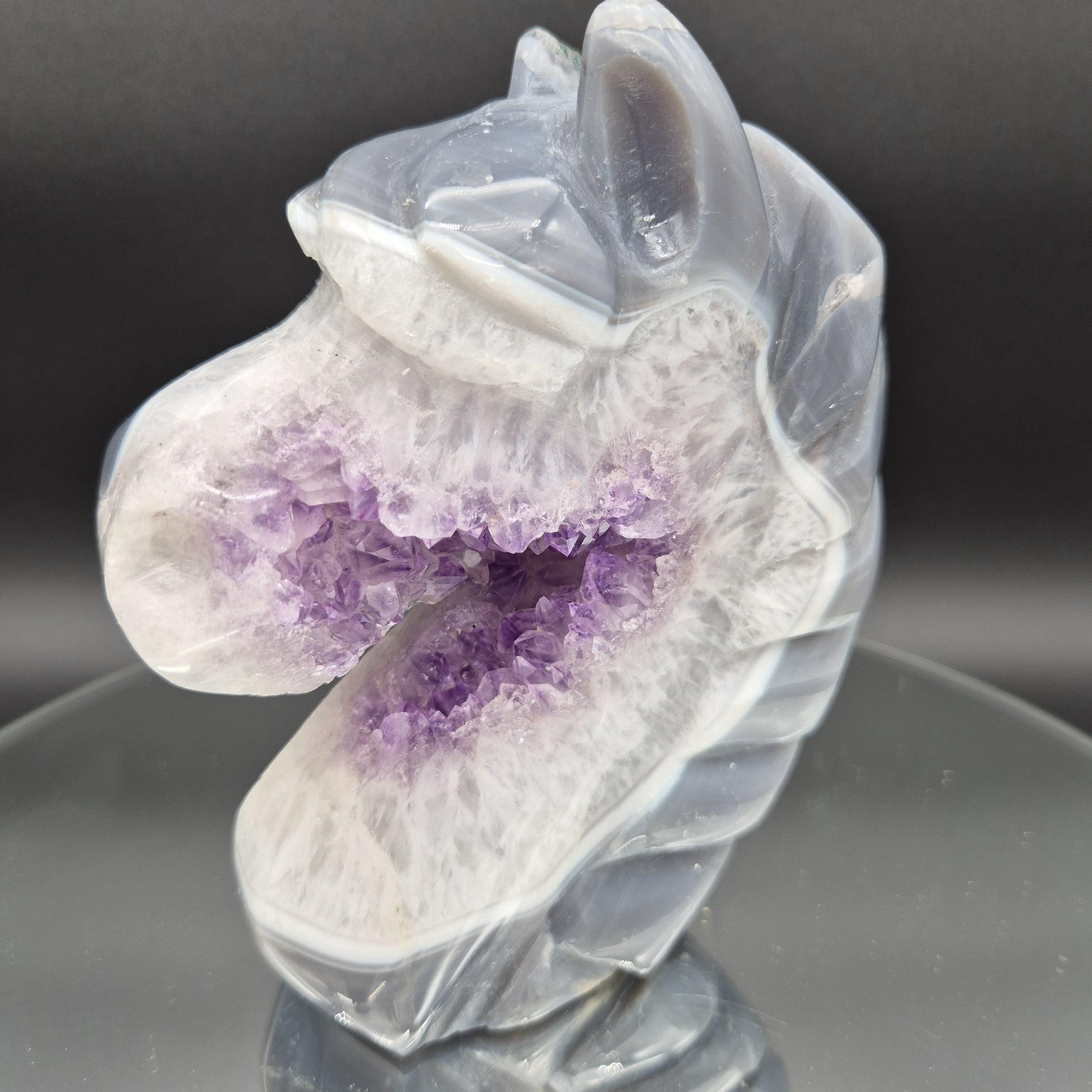 AAA+ Amethyst with Blue Banded Agate Hand-Carved Horse - Brazil - 6 x 5in - 3.35 lbs - Collector Display Crystal Hoarder