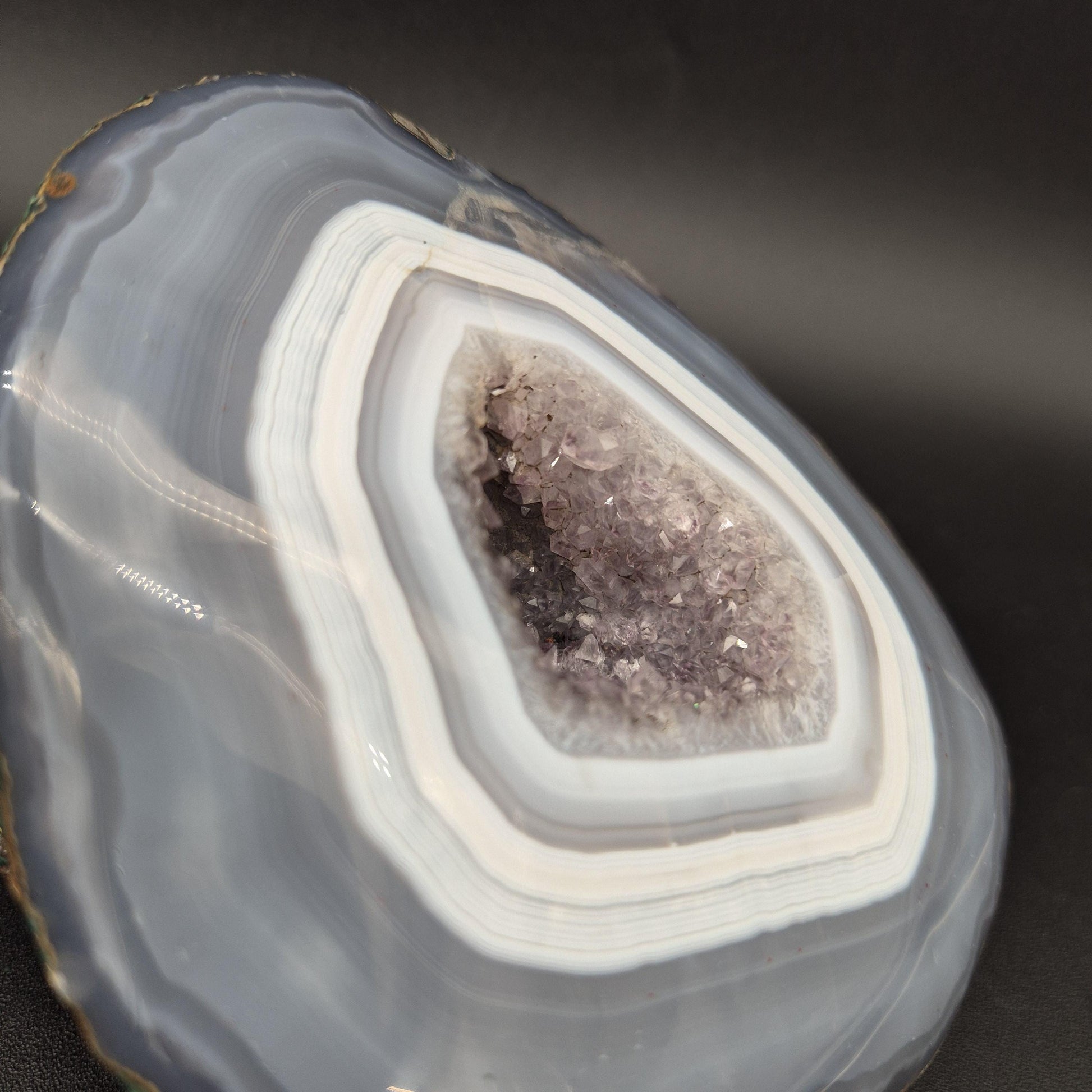 AAA+ Super Rare Amethyst with Tight Blue White Banded Agate Geode Brazil 3.42 lbs 5x4.5x2 Collector Crystal Crystal Hoarder
