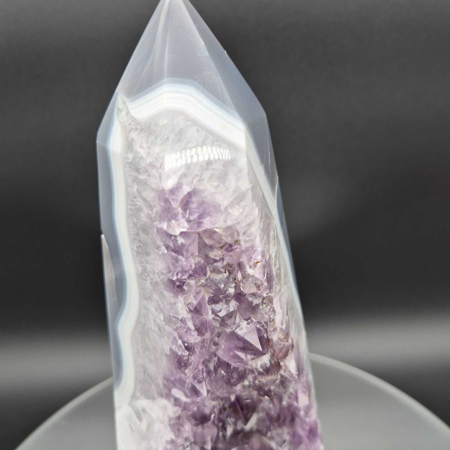 AAA+ Fully Polished Amethyst with Blue Banded Agate and Calcite - Brazil Specimen - 9.5 x 4in - 4.57 lbs - Collector Display Crystal Hoarder