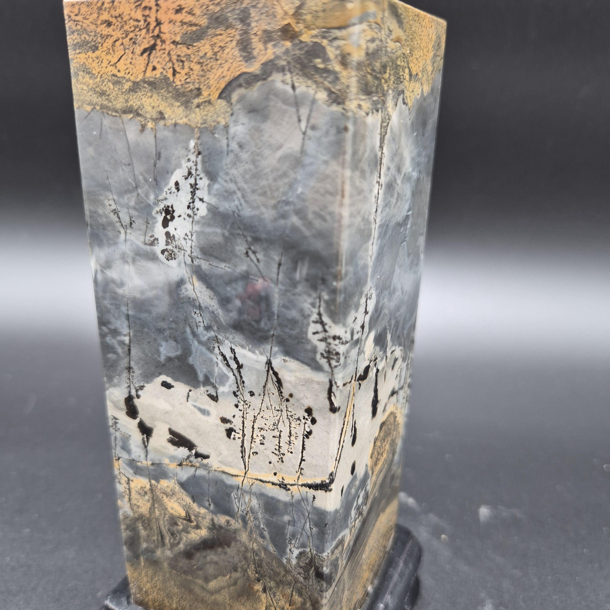 AAA+ Picture Jasper on Wood Base | Dark Gray & Earth Tones Natural Scenic Stone | 3.48 lbs Crystal Hoarder