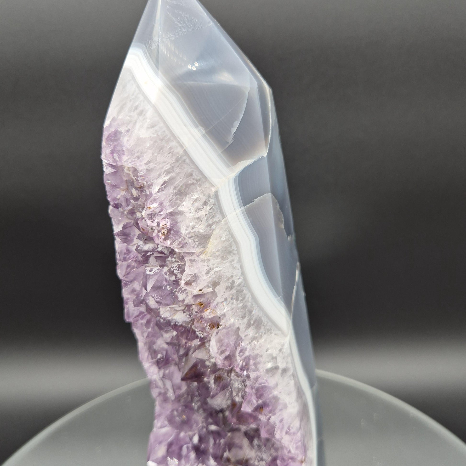 AAA+ Fully Polished Amethyst with Blue Banded Agate and Calcite - Brazil Specimen - 9.5 x 4in - 4.57 lbs - Collector Display Crystal Hoarder